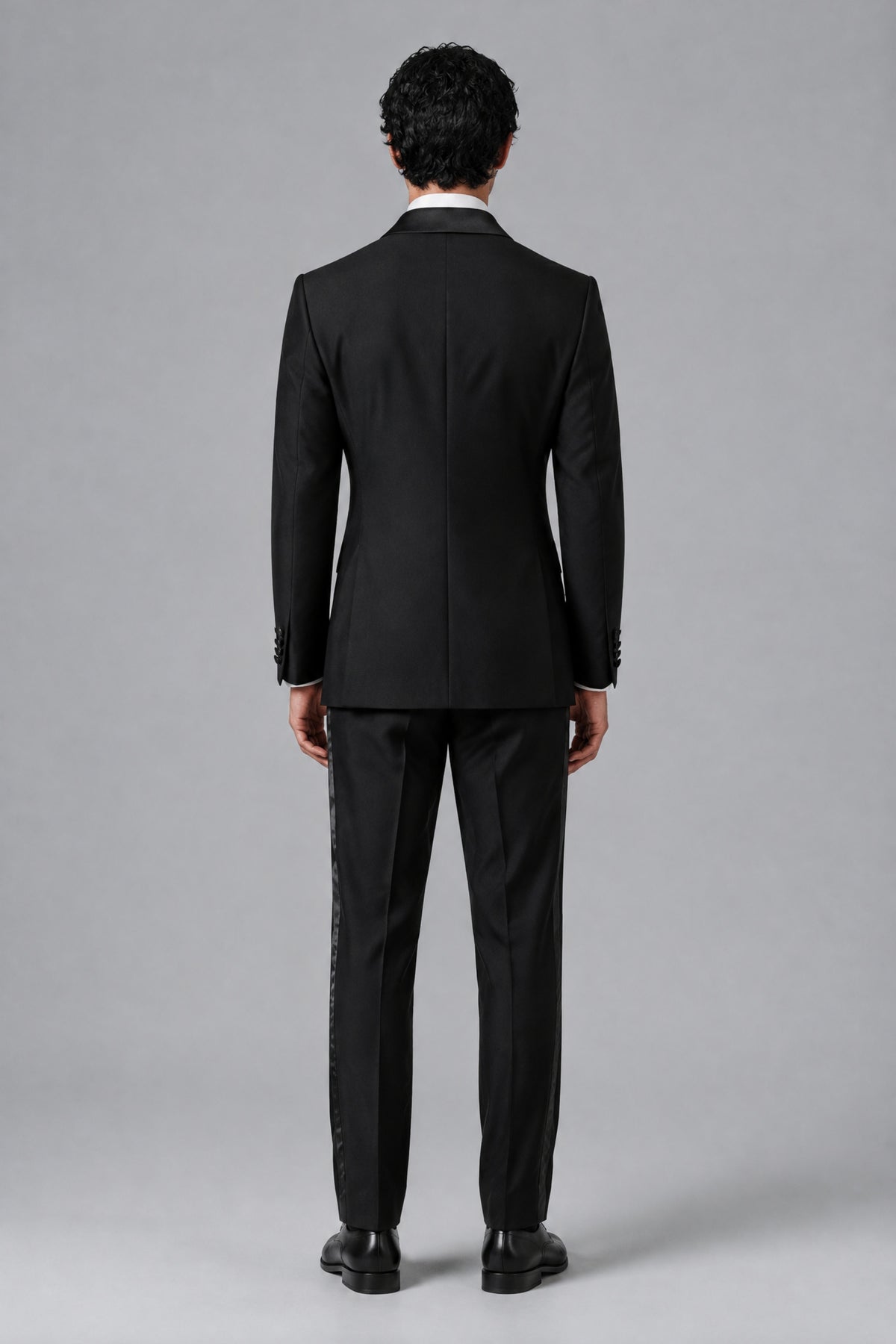 Bolodoo FQ1009 black tuxedo jacket and matching trousers, angled full-length view