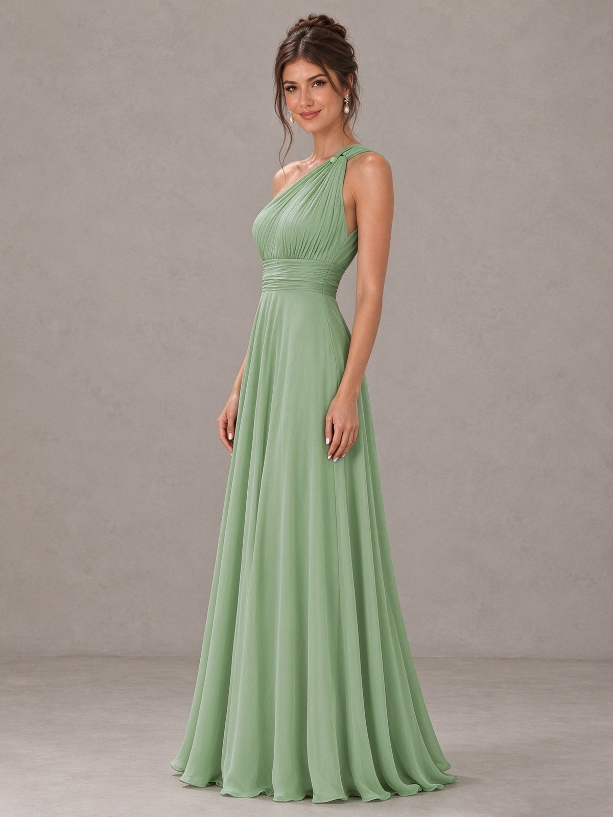 BOLODOO Sage Green One-Shoulder Chiffon-Look Bridesmaid Dress 
