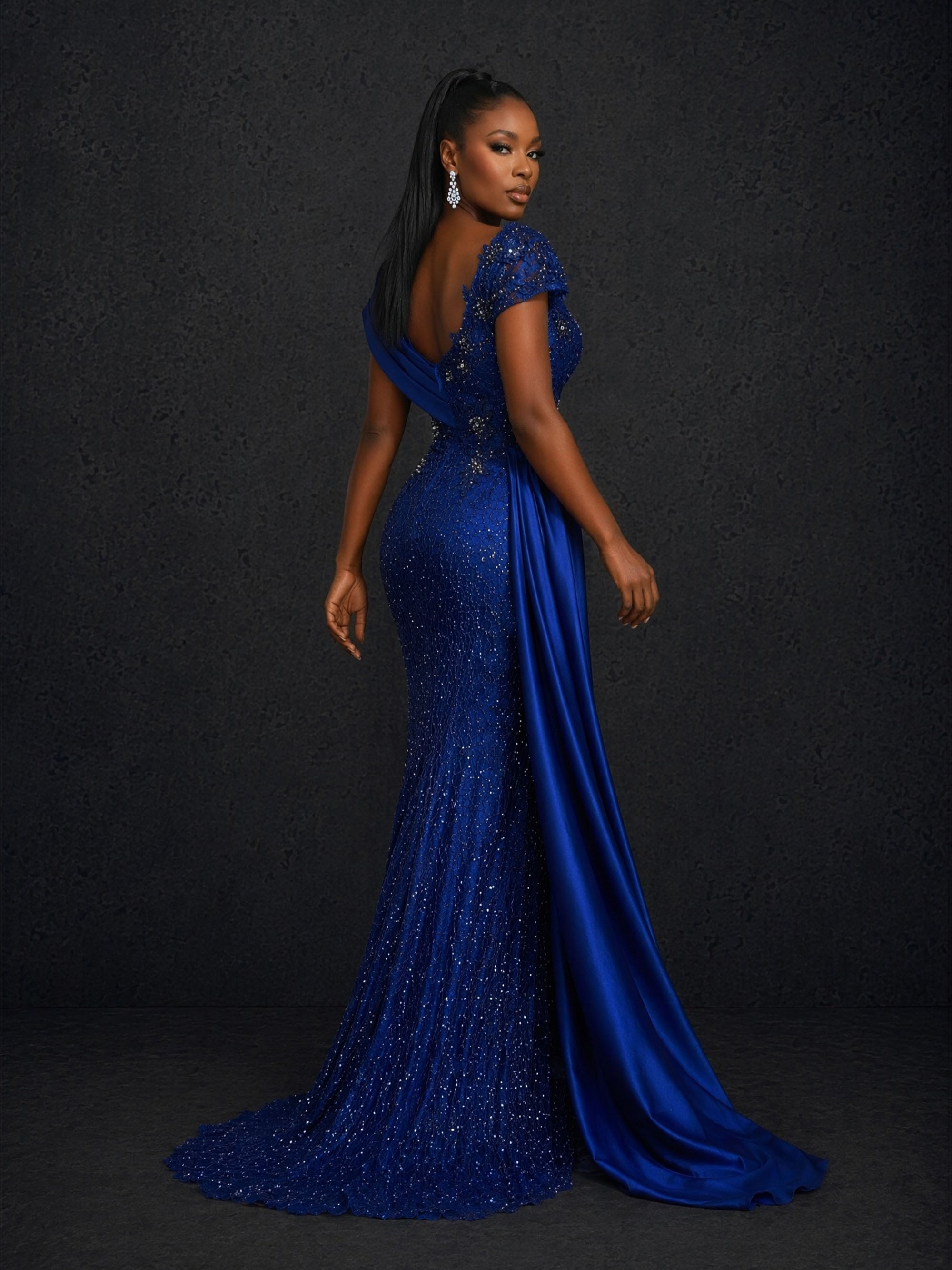 BOLODOO royal blue sequin lace cap sleeve mermaid maxi dress - close up bodice scalloped neckline and crystal bead detail