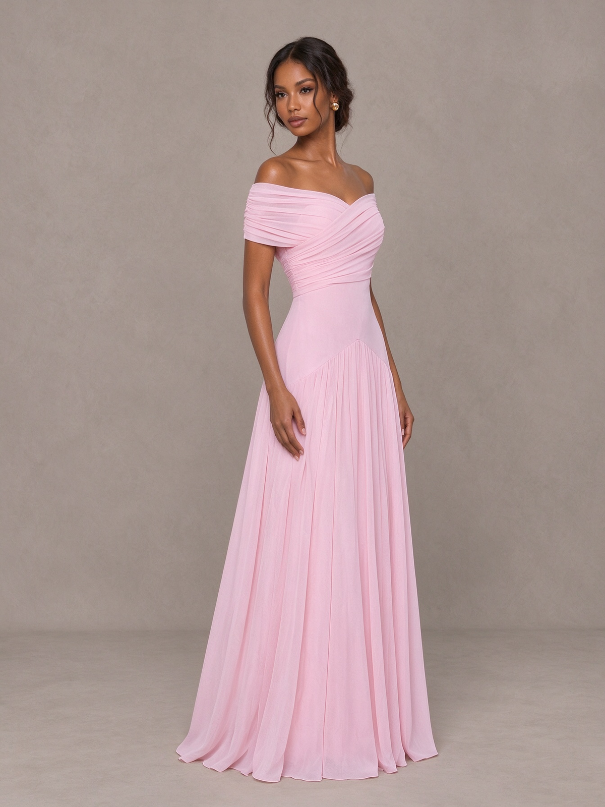 BOLODOO Blush Pink Off-Shoulder Ruched A-Line Bridesmaid Dress 