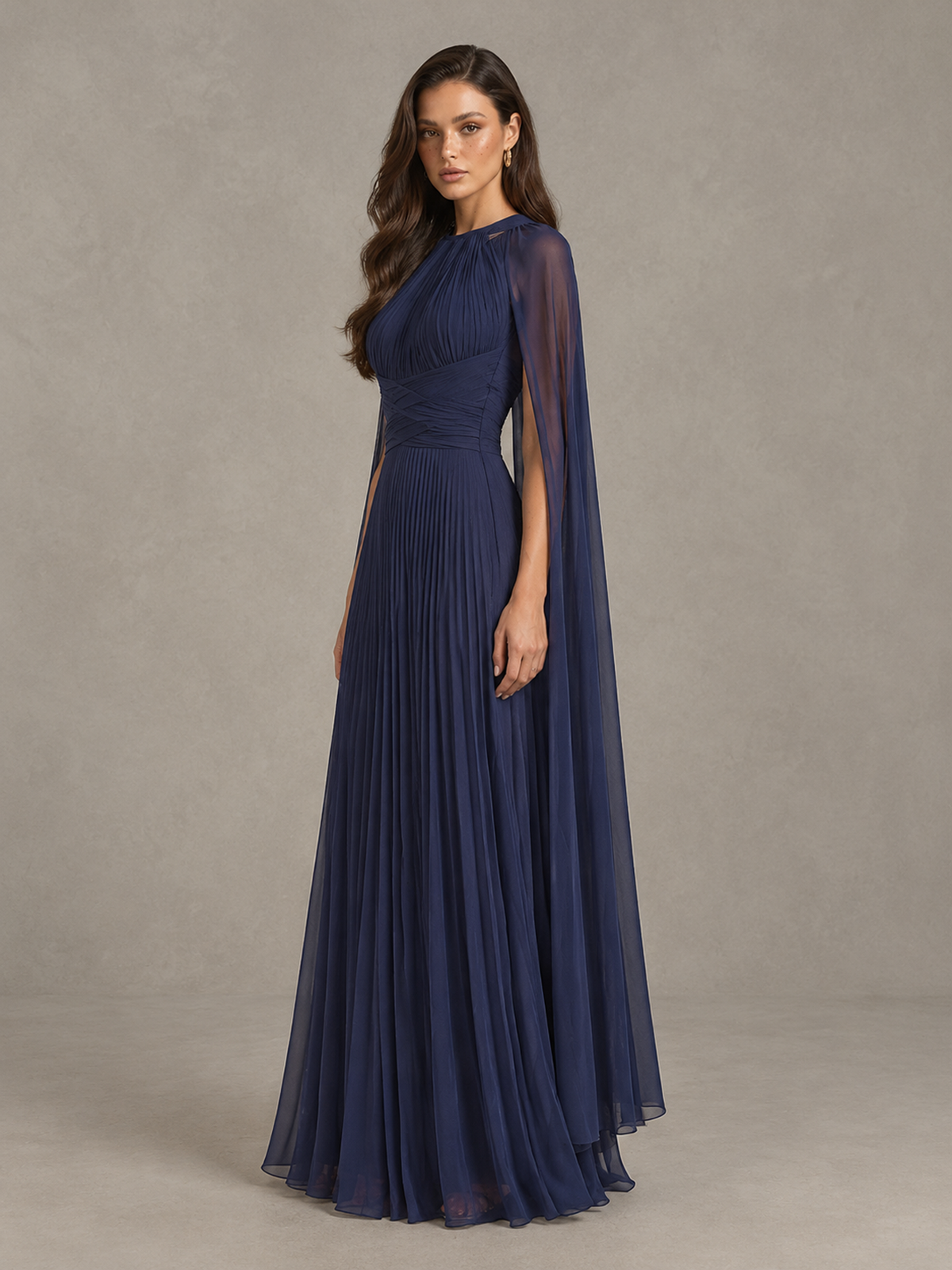 BOLODOO Navy Blue Pleated Cape Maxi Wedding Guest Dress 