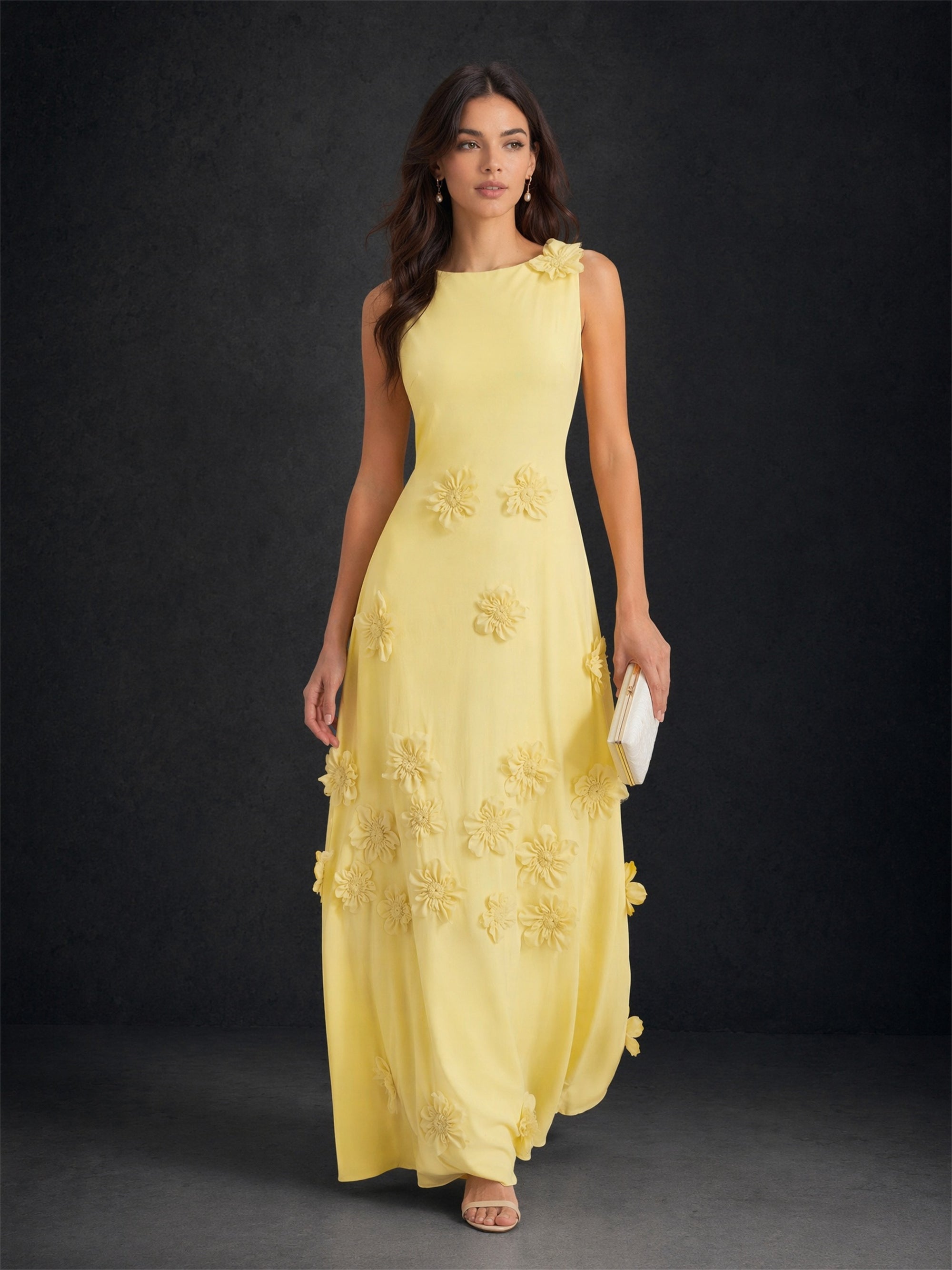 BOLODOO lemon yellow chiffon 3D daisy floral applique round neck sleeveless A-line maxi dress - back view showing low open back