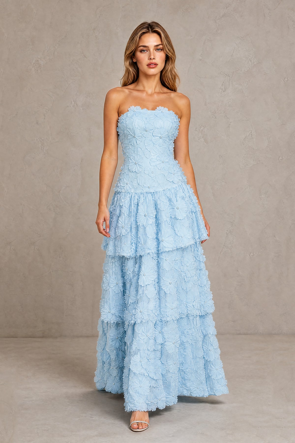 BOLODOO light blue 3D floral floor length evening gown three quarter back view