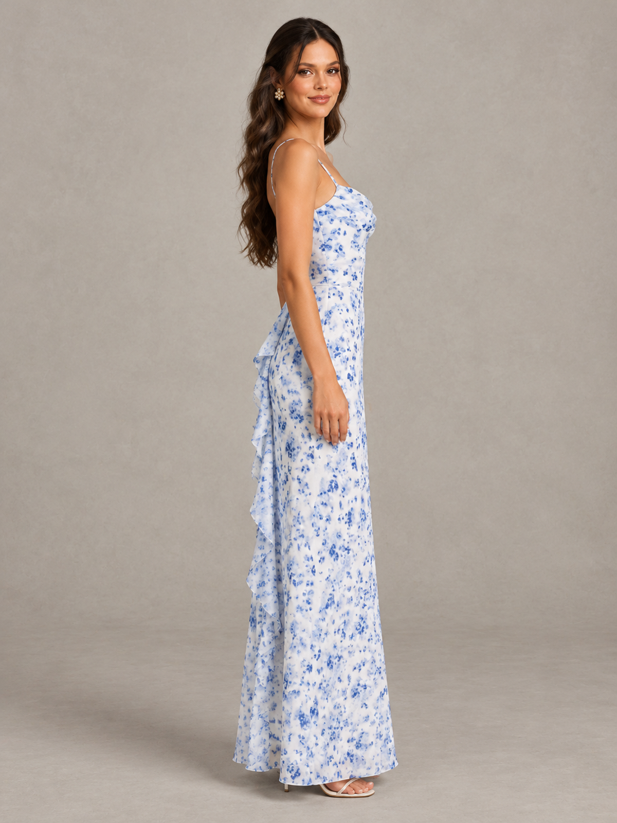 Blue Floral Bridesmaid Dress with Crisscross Open Back 