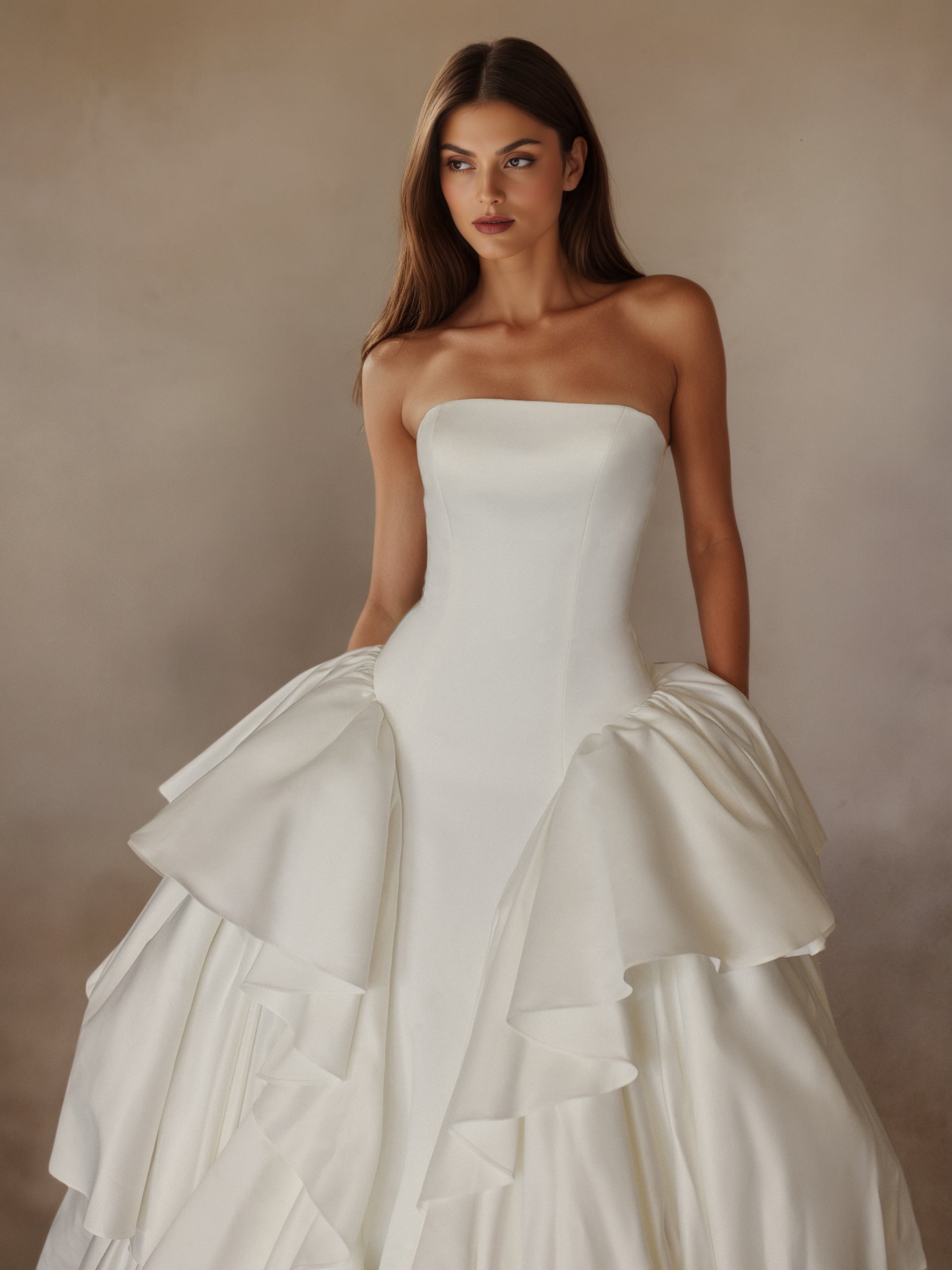 BOLODOO Ivory Strapless Straight Neckline Boned Corset Satin Tiered Ruffle Ball Gown - front bodice close-up tiered skirt
