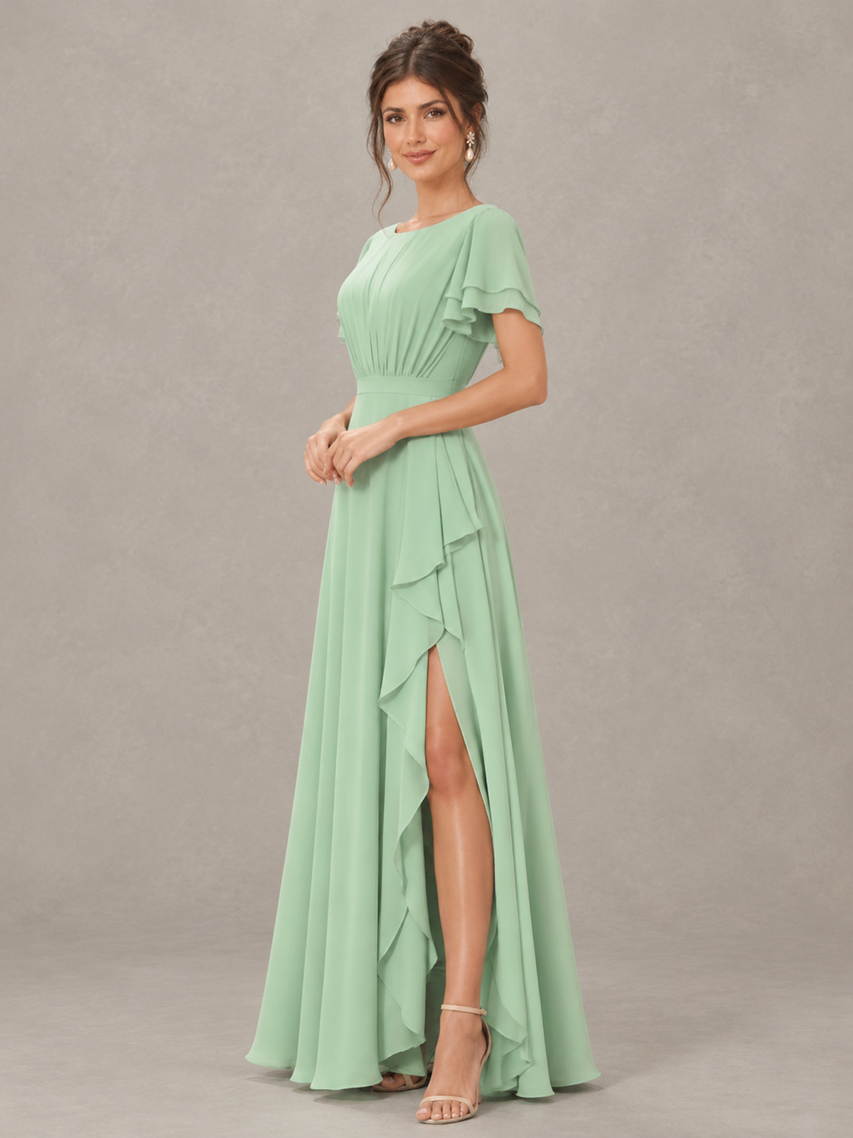 BOLODOO Sage Green Flutter Sleeve Ruffle Bridesmaid Dress with Slit 