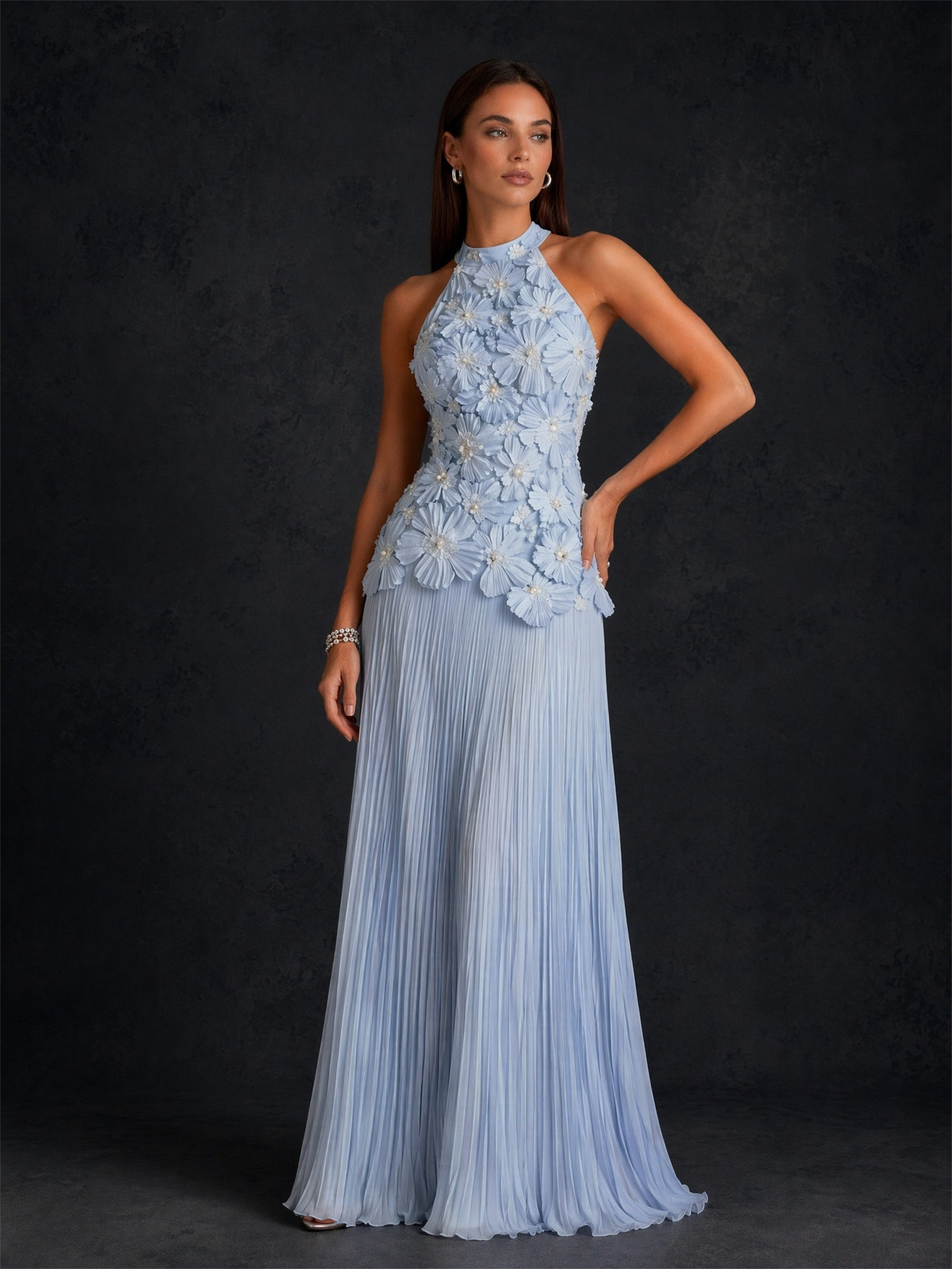 BOLODOO Sky Blue 3D Floral Halter Neck Pleated Maxi Dress - Close Up Bodice Floral Detail