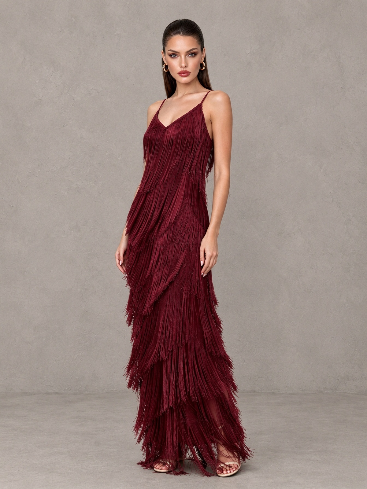 BOLODOO burgundy V-neck spaghetti strap fringe maxi evening dress, full front view