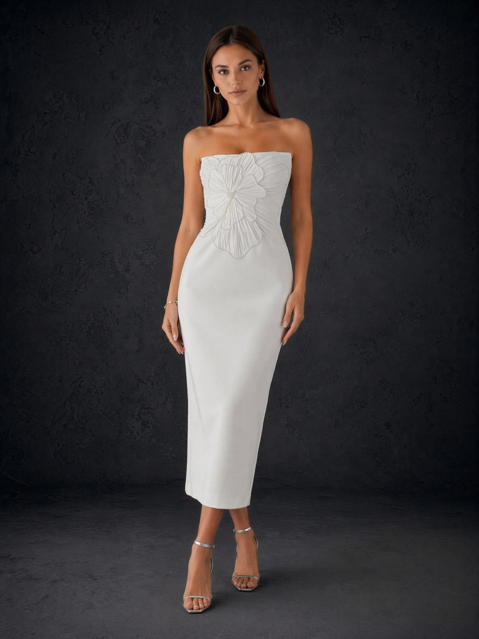 BOLODOO Ivory Strapless 3D Sculptural Petal Feather Embroidered Bodycon Midi Dress - Back Full Length View Showing Hidden Zipper