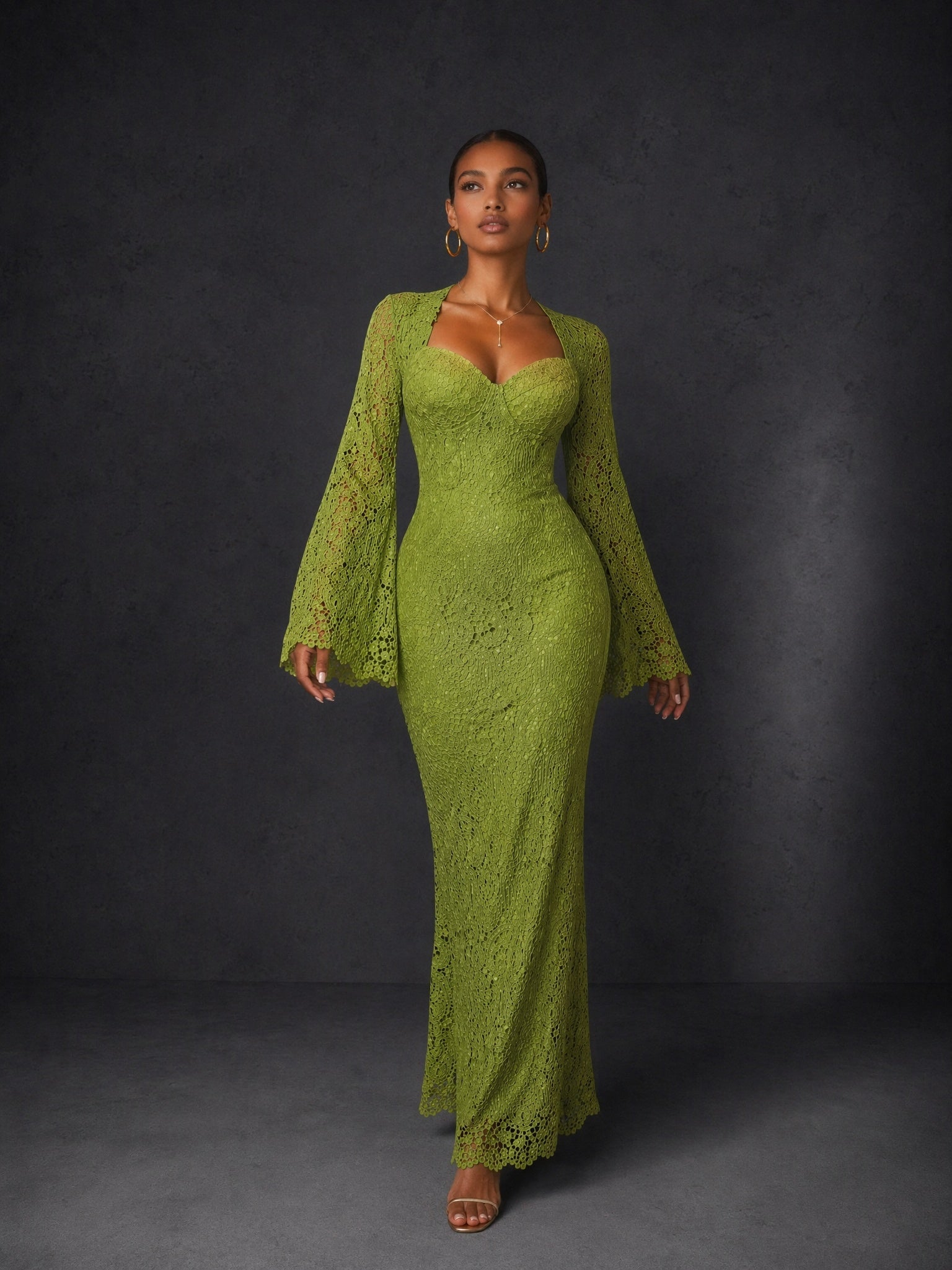 BOLODOO olive green lace mermaid maxi dress - front view walking pose