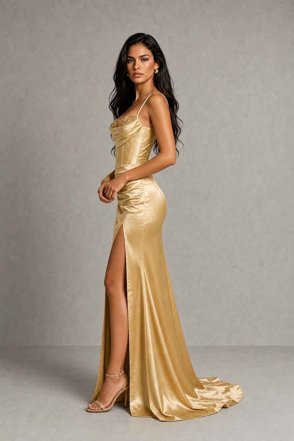BOLODOO Gold Satin Corset Prom Dress with High Slit & Lace-Up Back 