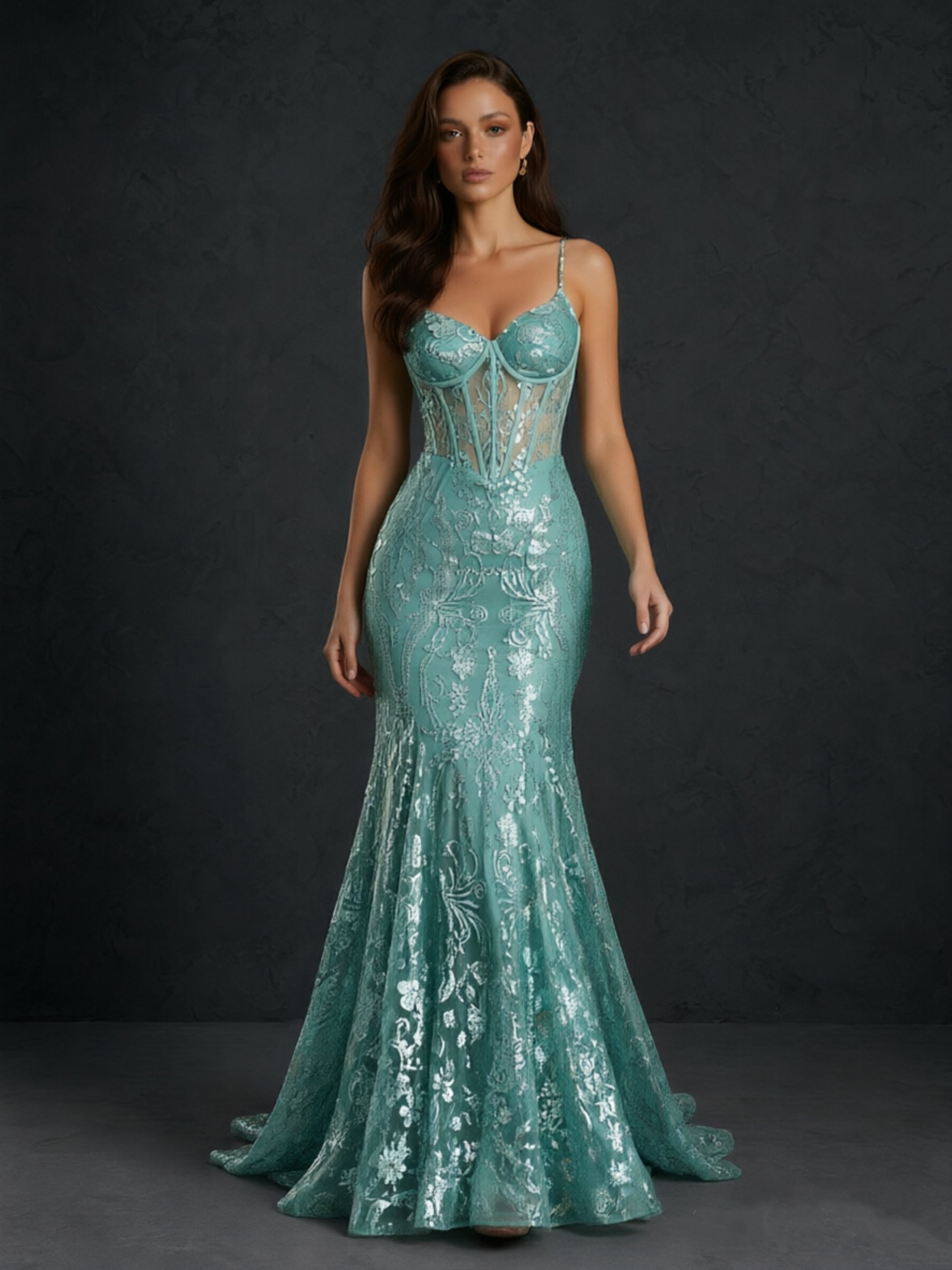 BOLODOO Mint Green Metallic Floral Sequin Spaghetti Strap Sheer Corset Criss-Cross Lace-Up Back Mermaid Maxi Dress - Back View Showing Criss-Cross Lace-Up Open Back and Sweep Train