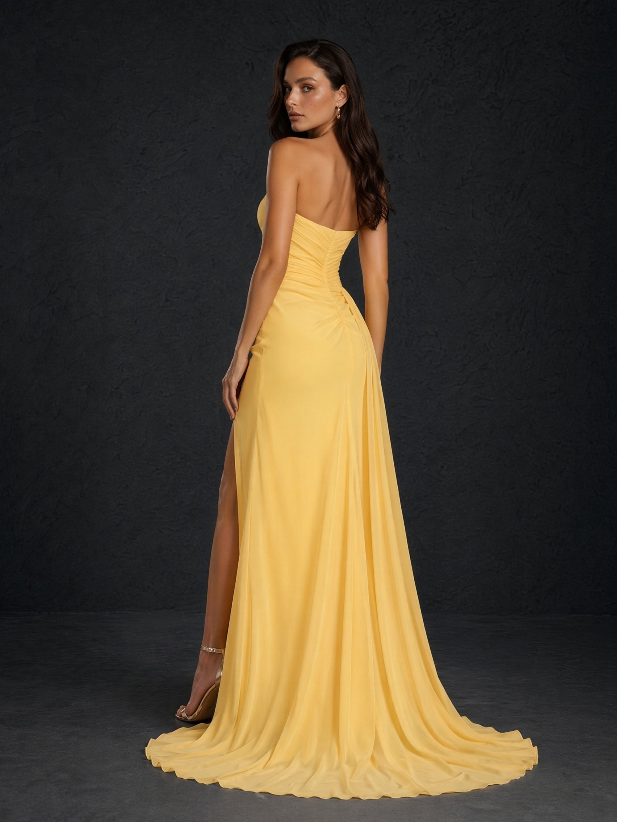 BOLODOO Yellow Chiffon Sweetheart Ruched Bodice Open Back High Slit A-Line Maxi Dress - Back View Showing Full Open Back and Sweep Train