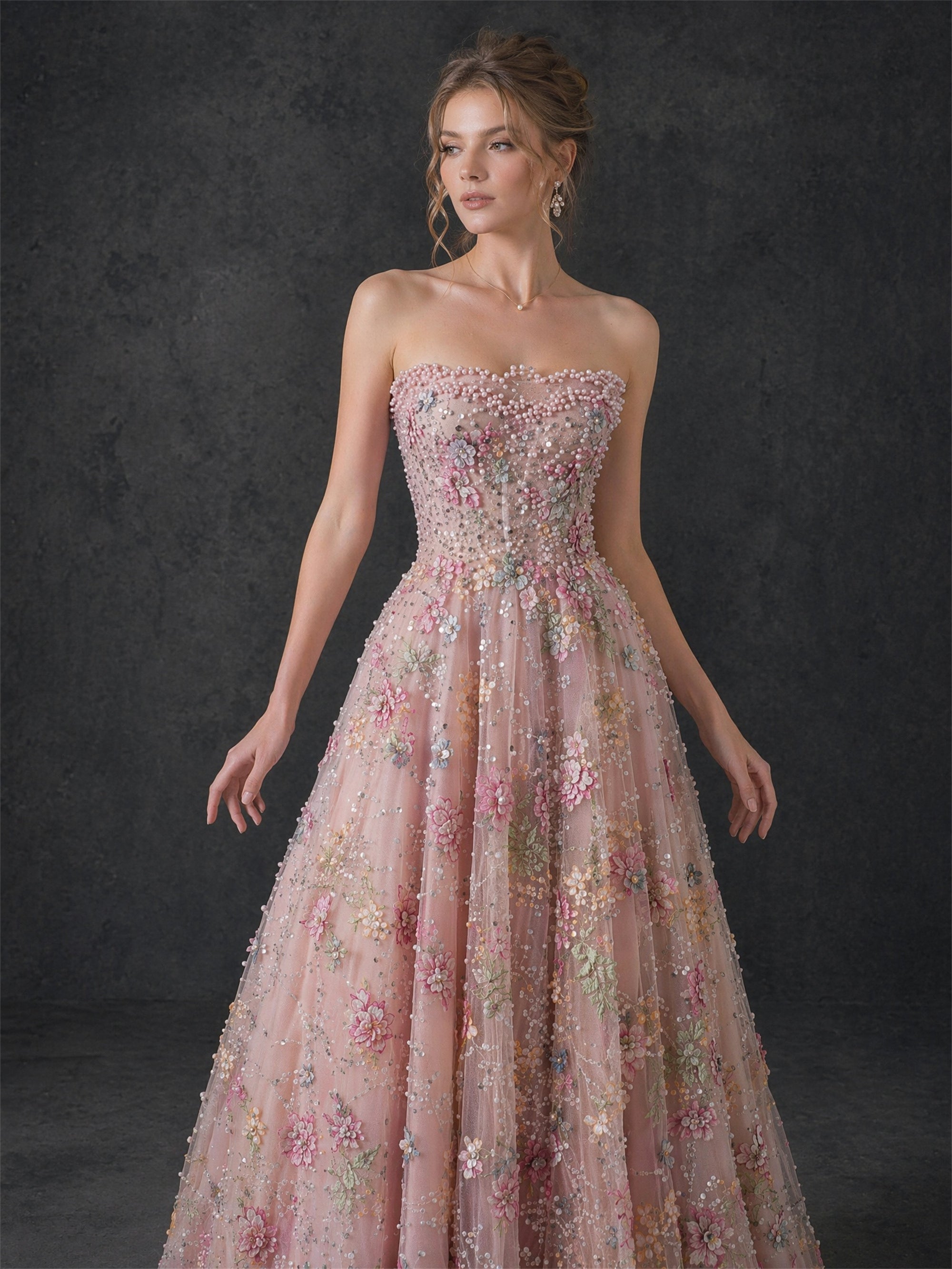 BOLODOO blush pink multicolor 3D floral pearl sequin embroidered tulle strapless sweetheart ball gown - front three-quarter view full length