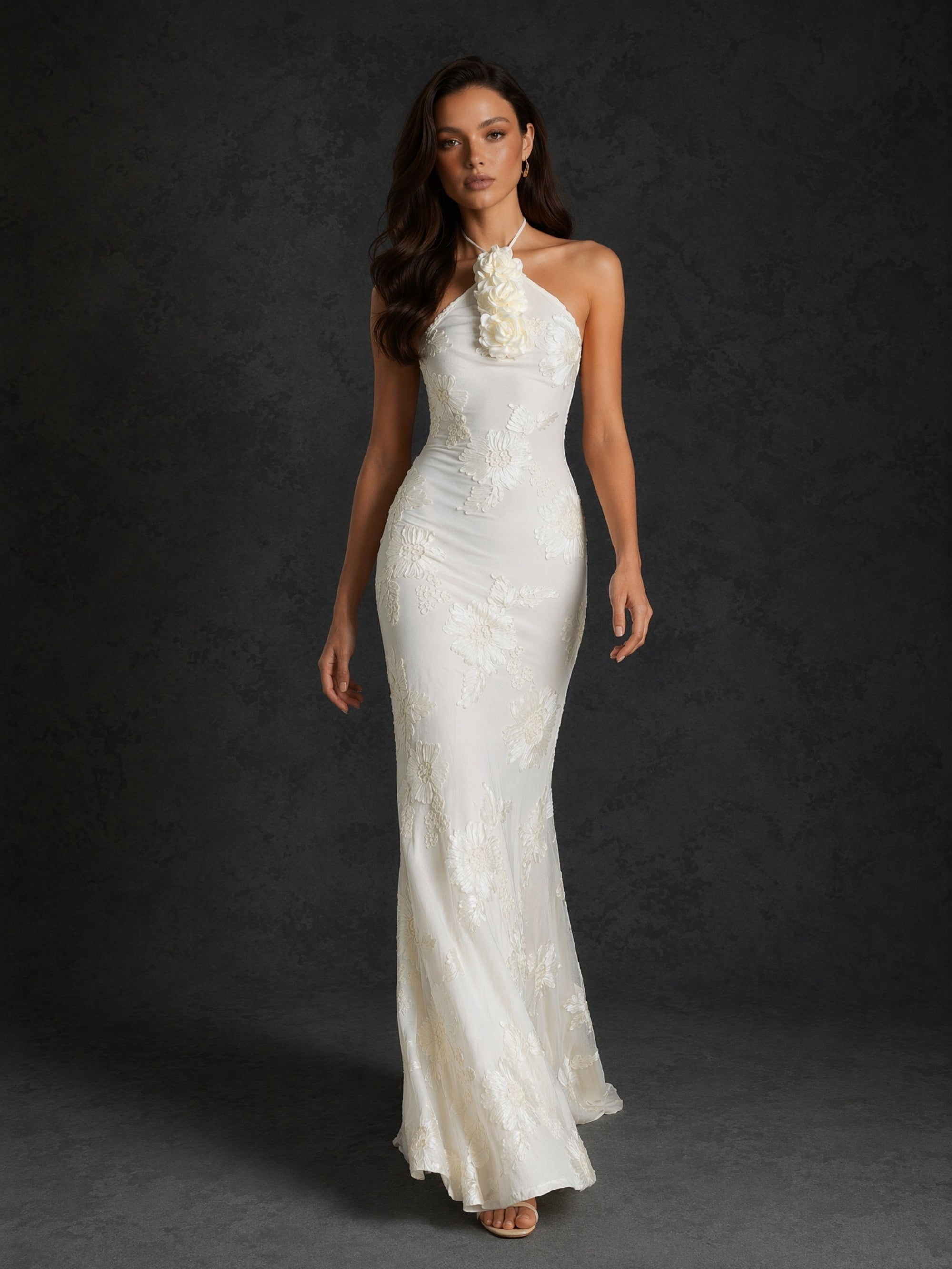 BOLODOO Ivory Tonal Floral Embroidered Mesh Halter Neck 3D Floral Corsage Open Back Mermaid Wedding Dress - Back View Showing Full Open Back Halter Tie and Sweep Train