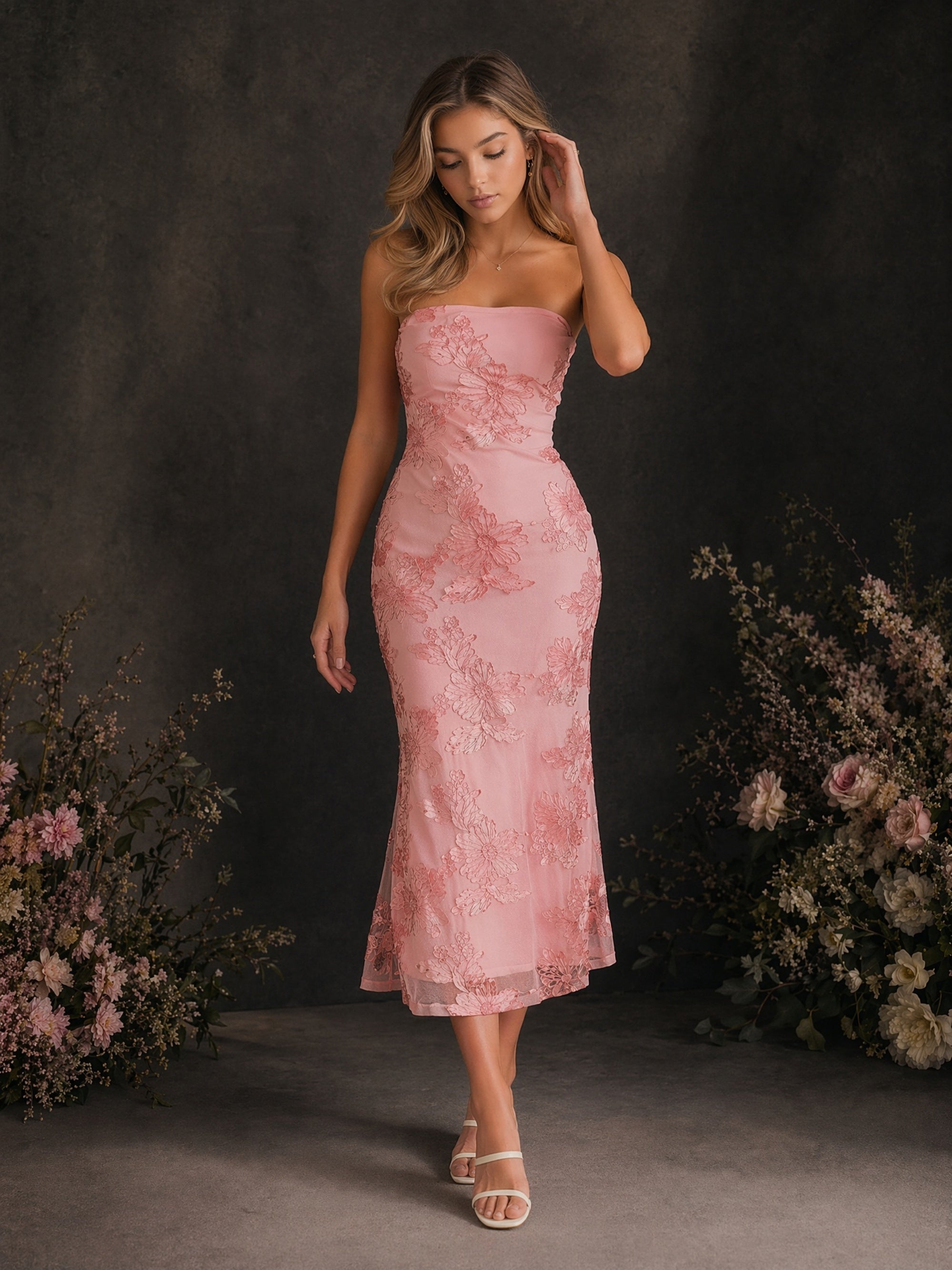 BOLODOO Rose Pink Floral Embroidered Mesh Strapless Open Back Bodycon Midi Dress - Back View Showing Open Back Detail