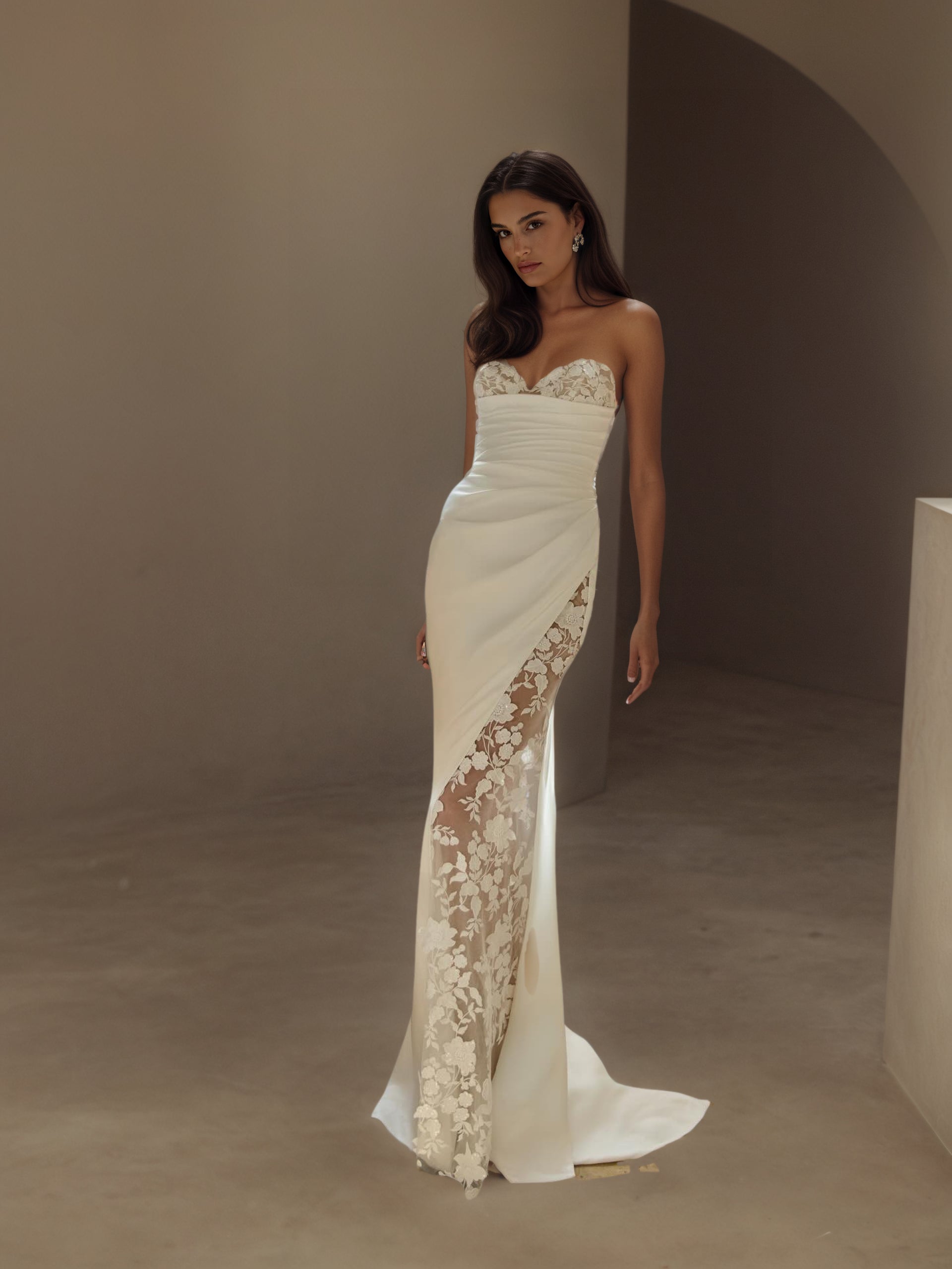 BOLODOO Ivory Strapless Sweetheart Satin Mermaid Wedding Gown - full front view with sheer lace panel insert
