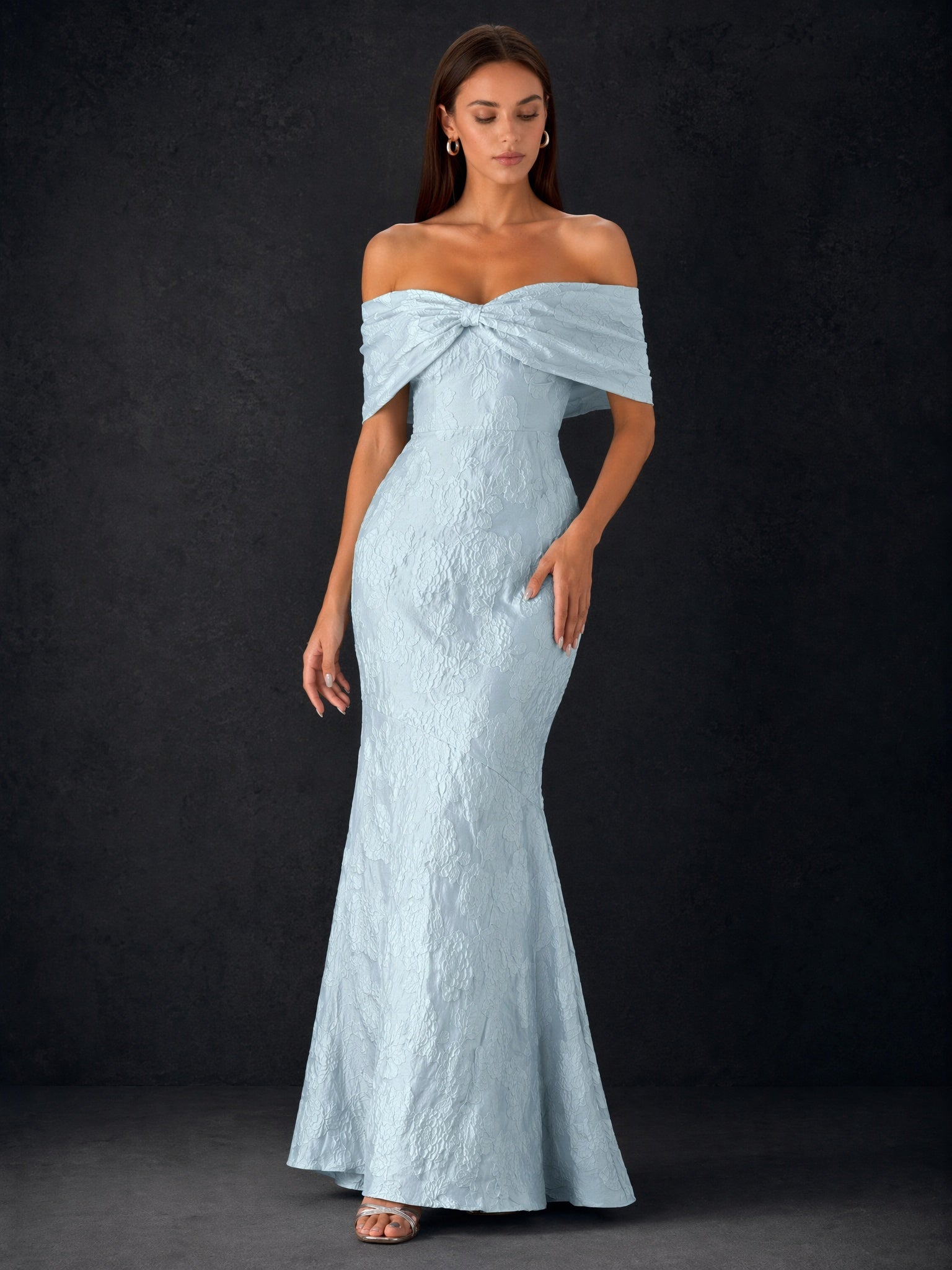 BOLODOO Ice Blue Floral Jacquard Twist Knot Off Shoulder Mermaid Maxi Dress - Back View showing Corset Lace-Up Back and Mermaid Hem