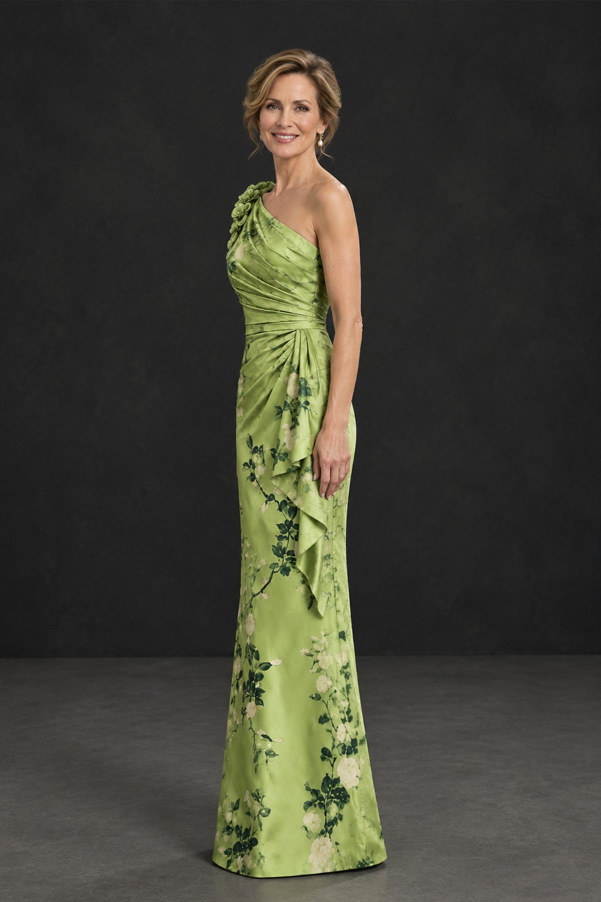 BOLODOO XX090 green one-shoulder floral evening dress with shoulder flowers, side view