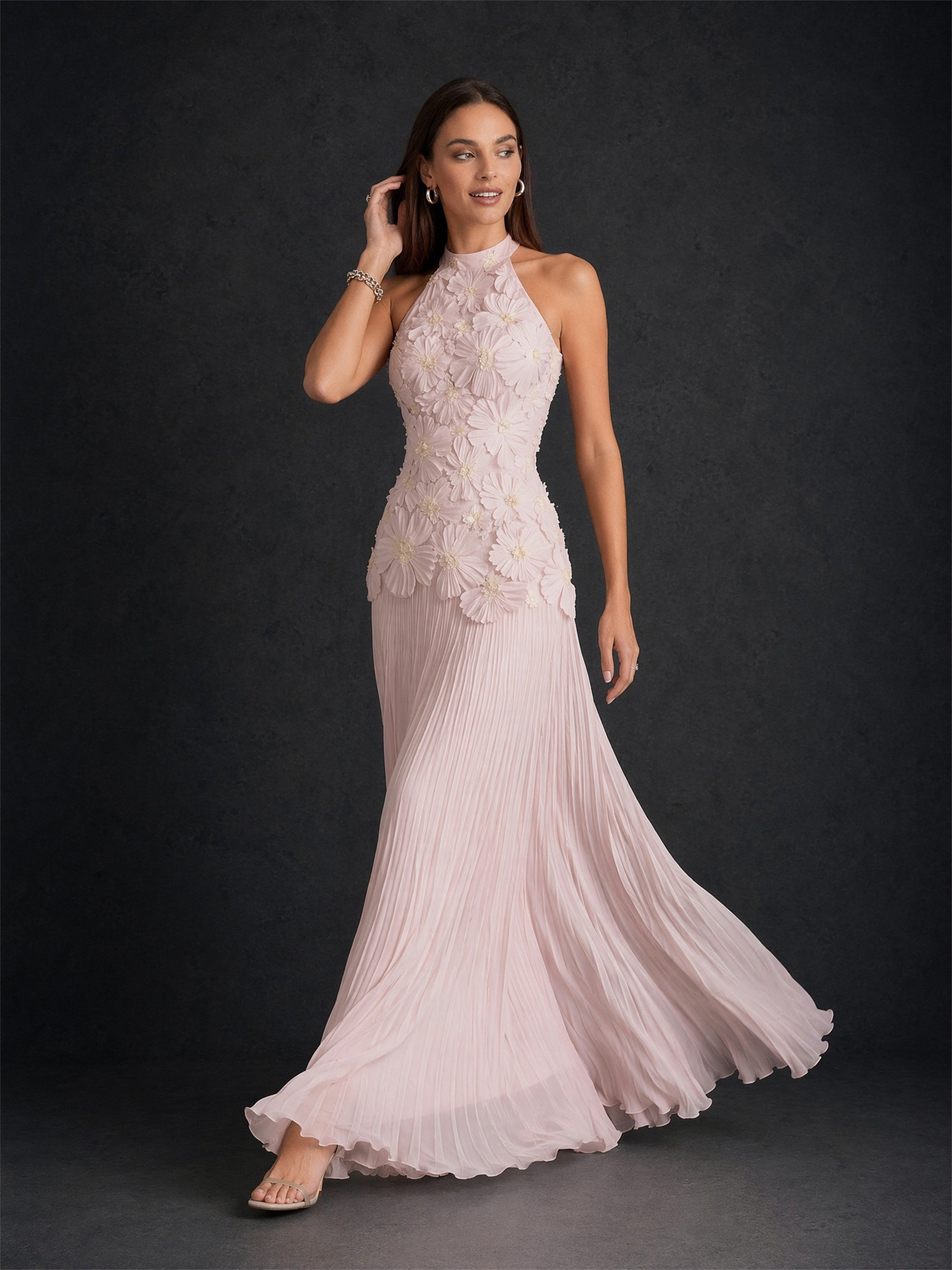 BOLODOO Blush Pink 3D Floral Halter Neck Pleated Maxi Dress - Close Up Bodice Floral Detail