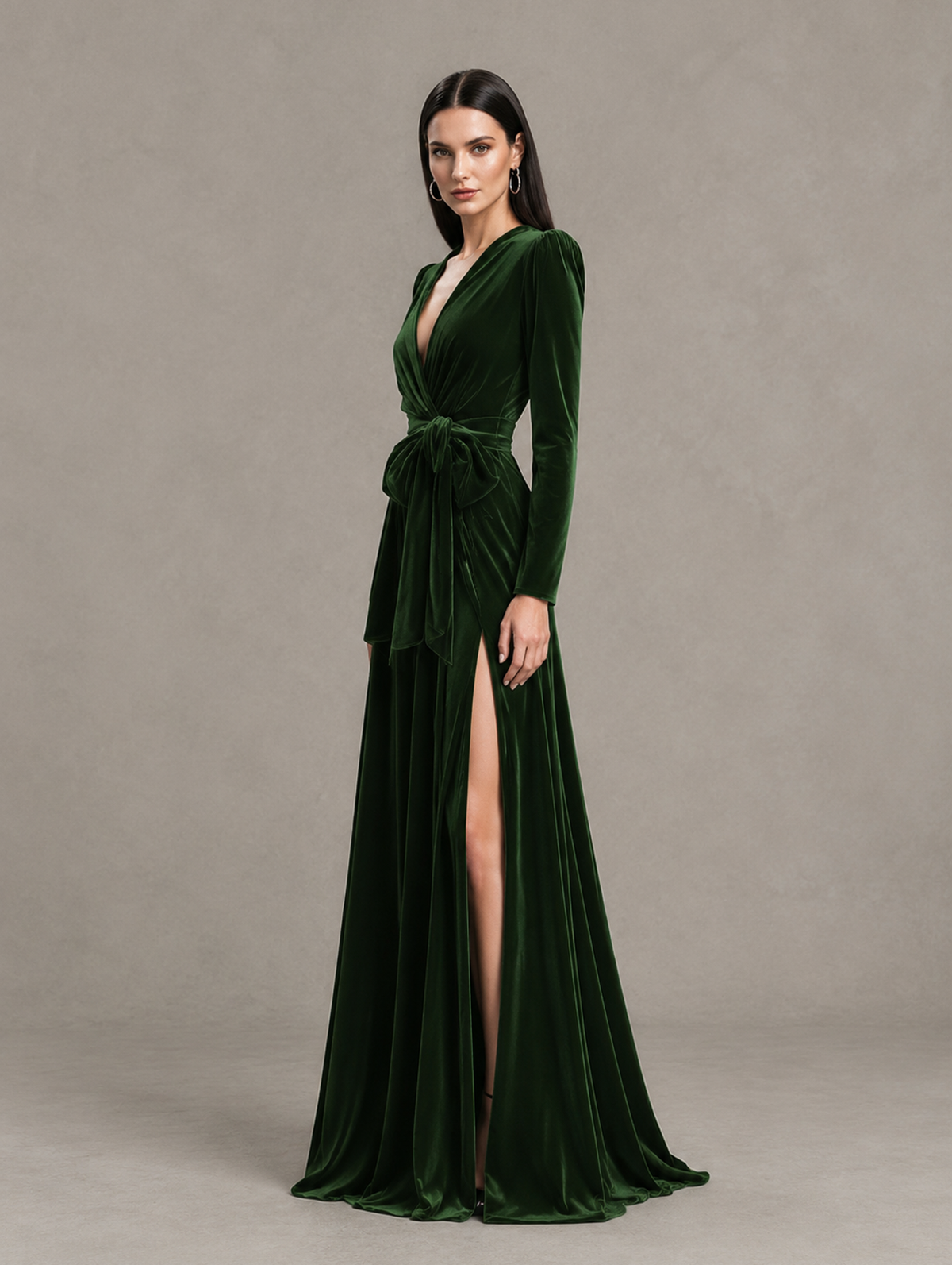 BOLODOO Dark Green Long Sleeve Velvet-Look Evening Dress with High Slit 