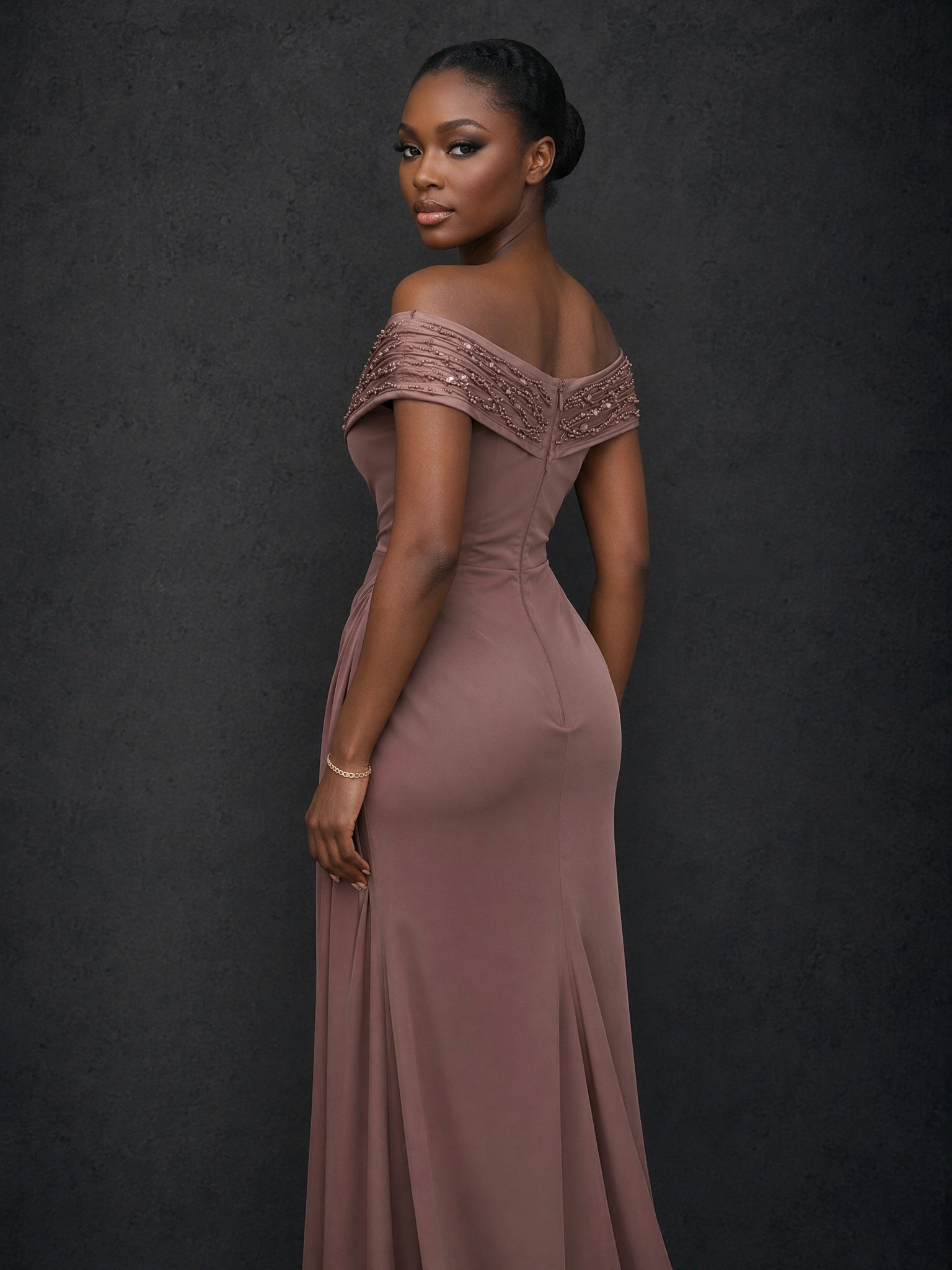 BOLODOO mocha brown beaded off-shoulder draped slit maxi dress - close up beaded bodice detail