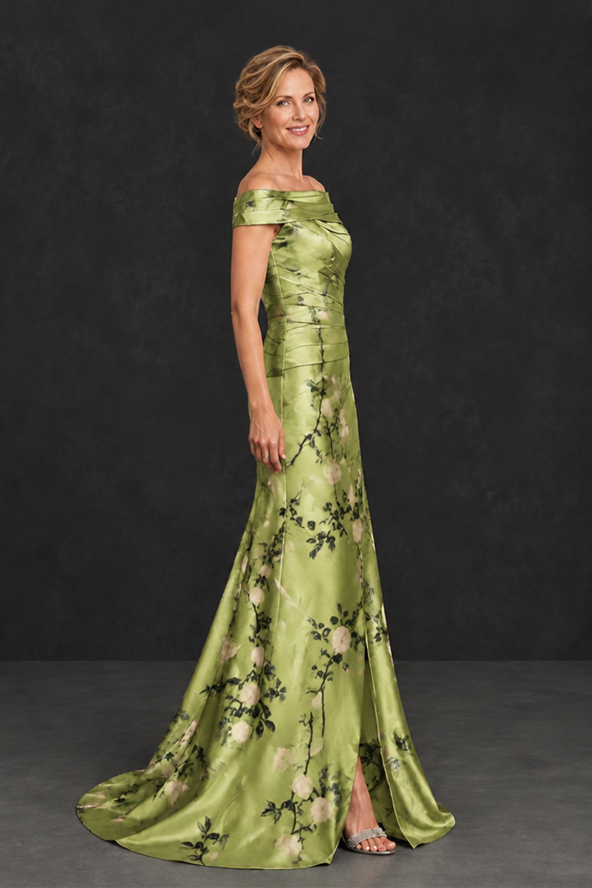 BOLODOO XX091 green floral mermaid evening dress with satin-look finish, side view