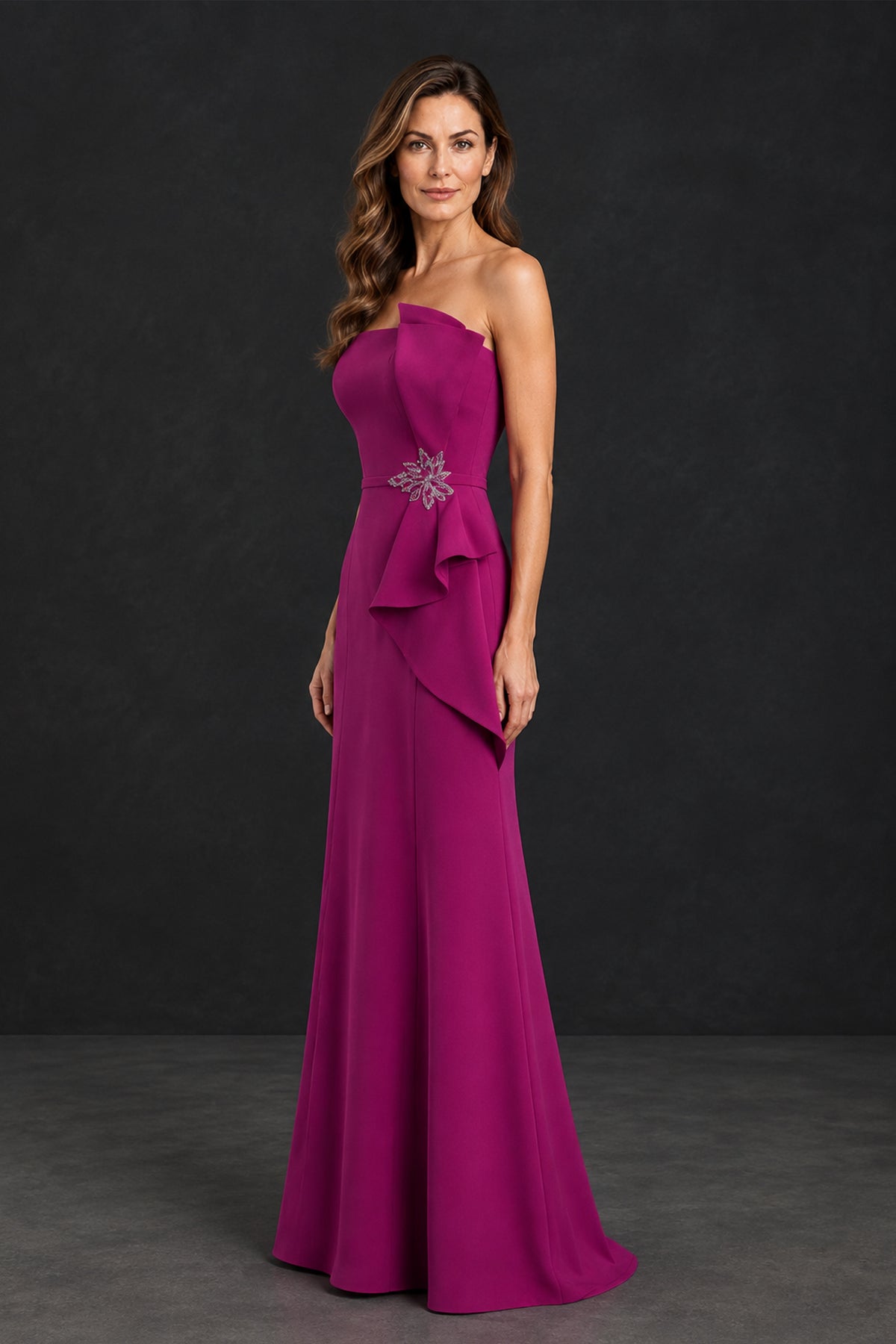 BOLODOO XX077 fuchsia mother of the groom dress back view with exposed upper back and center-back zipper