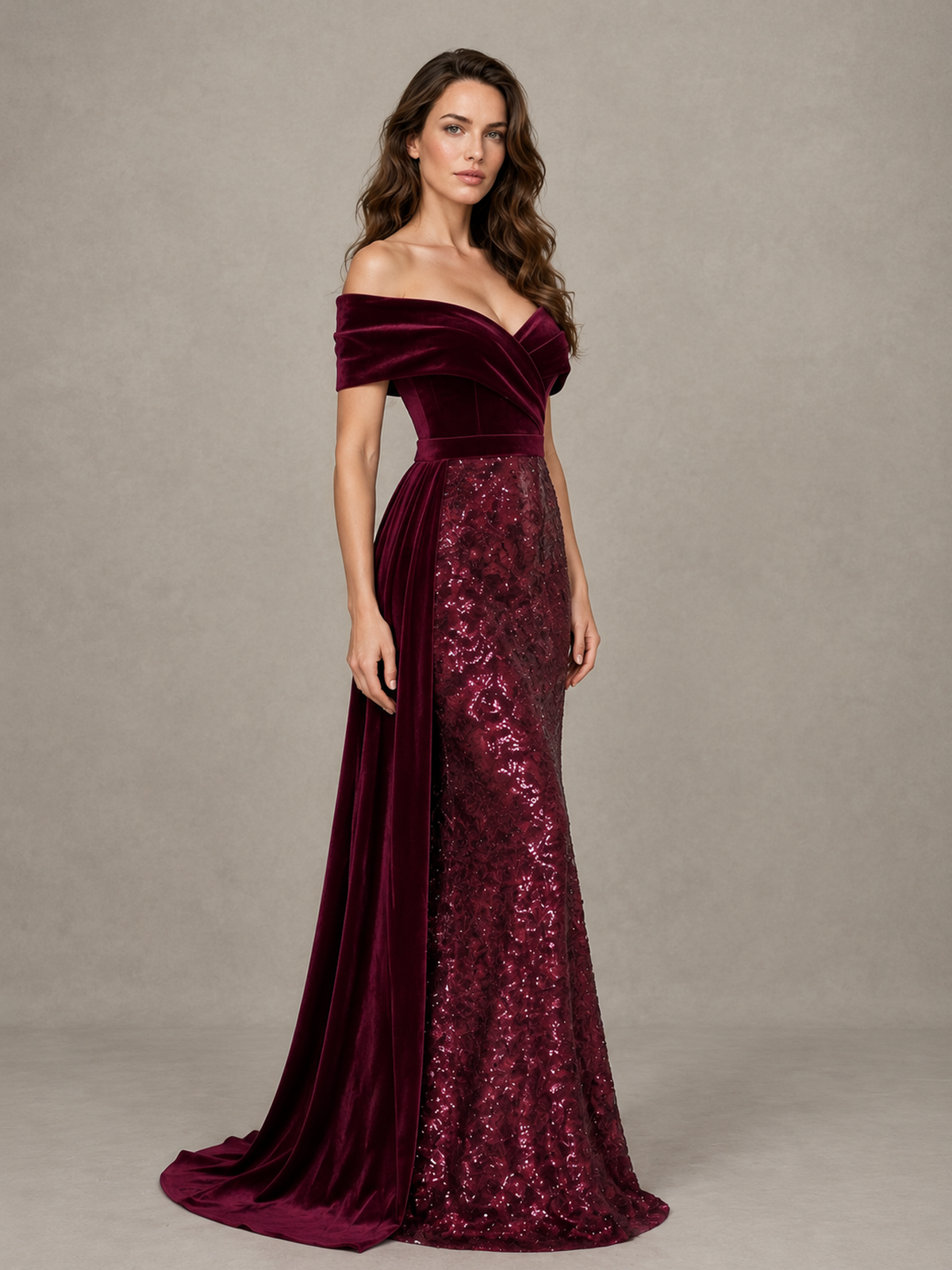 BOLODOO Burgundy Off-Shoulder Velvet & Sequin Evening Gown with Side Train 