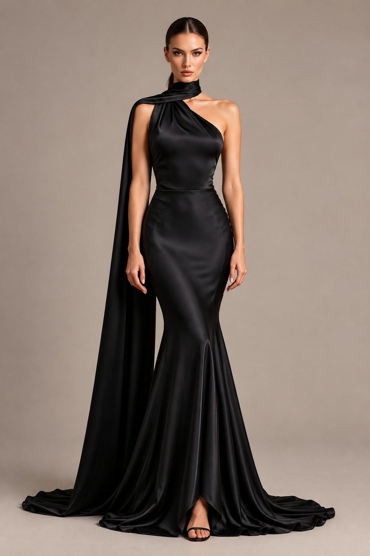 BOLODOO black one-shoulder mermaid evening dress with scarf neckline, front view