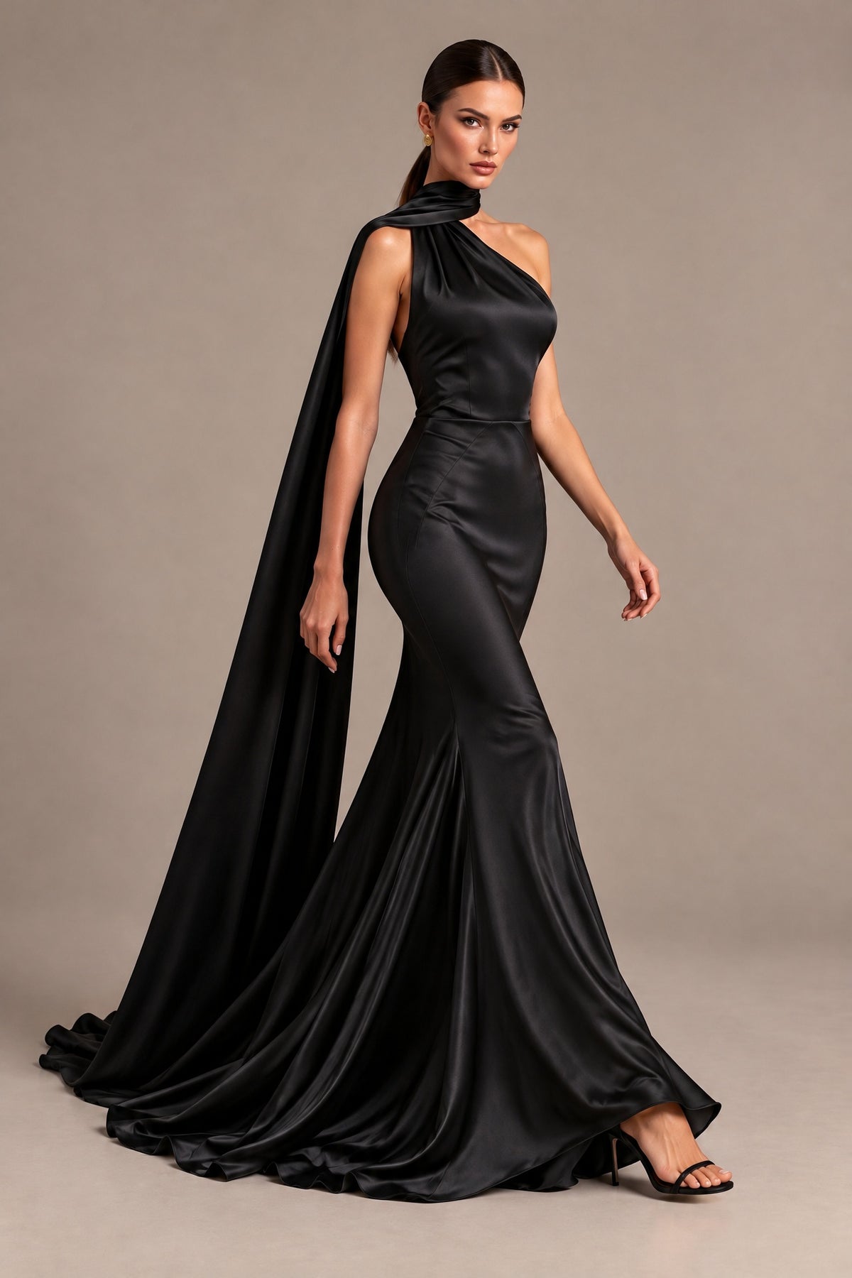 BOLODOO black satin-look mermaid gown with long scarf drape, three-quarter view