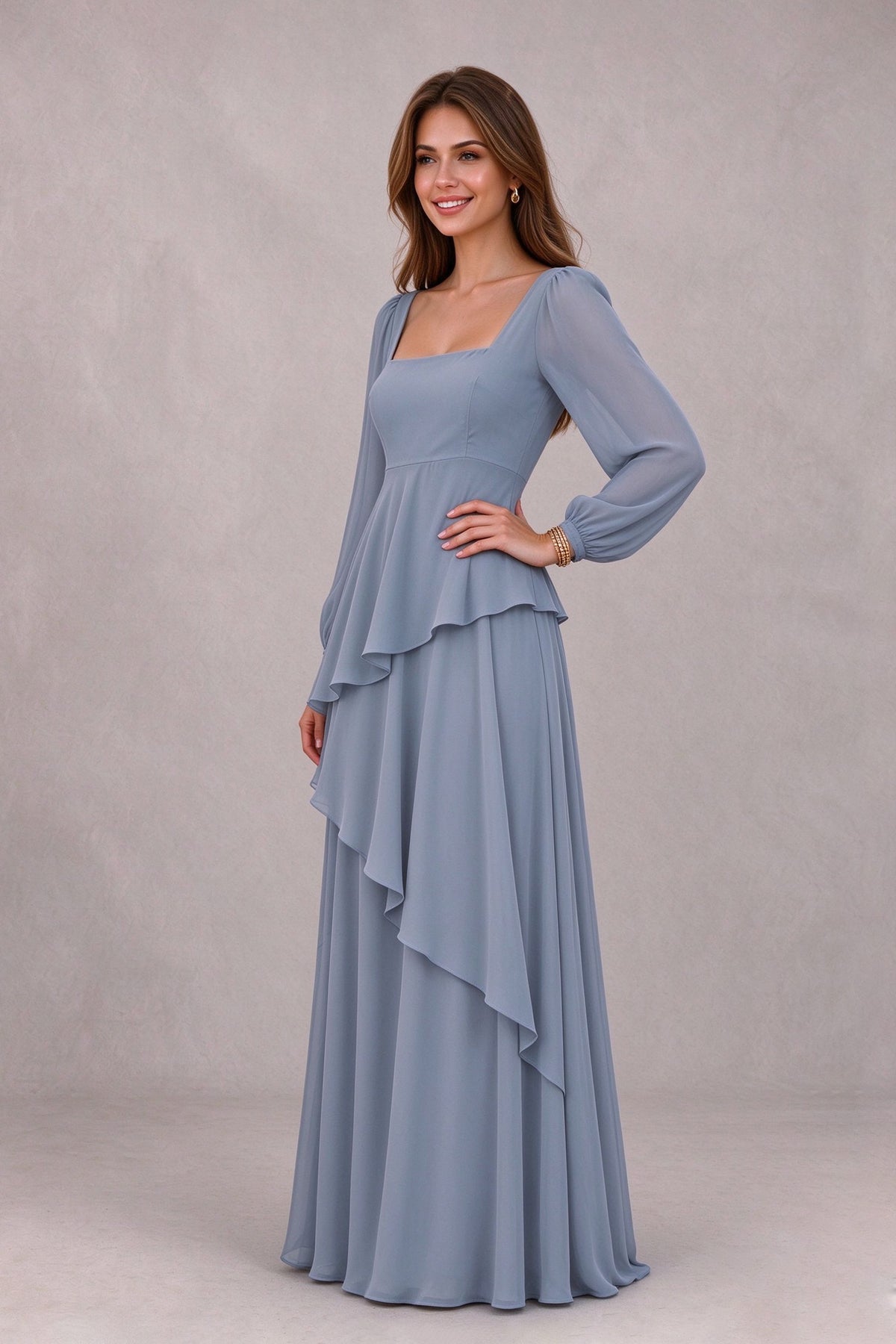 BOLODOO FQ0067 long sleeve dusty blue gown with open V-back and lace-up ties, back view