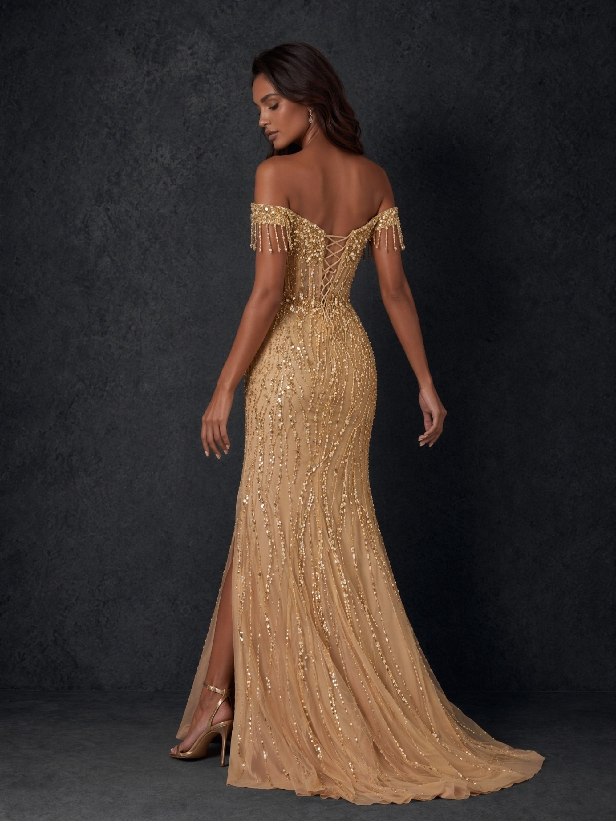 BOLODOO Champagne Gold Wave Sequin Off-Shoulder Beaded Fringe Sheer Corset Lace-Up Back High Slit Mermaid Maxi Dress - Back Upper Body Close-up Showing Beaded Fringe Shoulder and Lace-Up Corset Back Detail