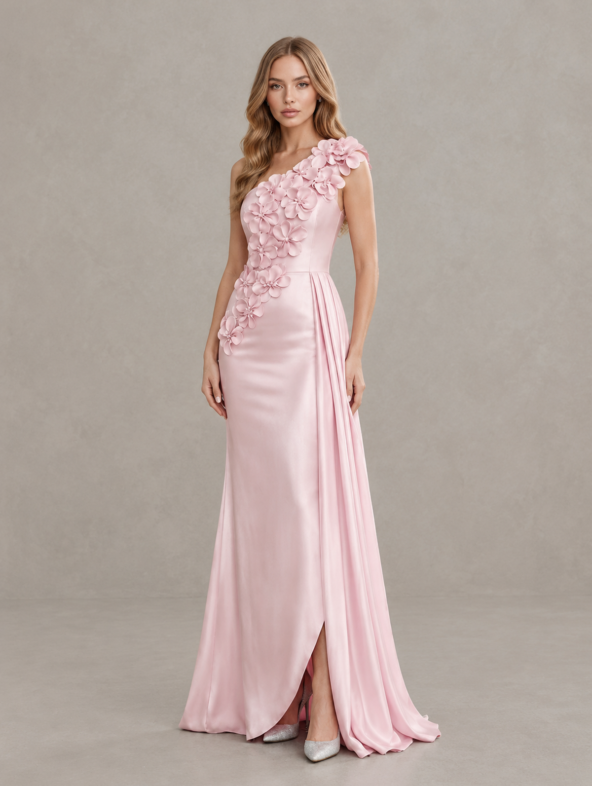 Blush pink one-shoulder floral appliqué mermaid gown, three-quarter view