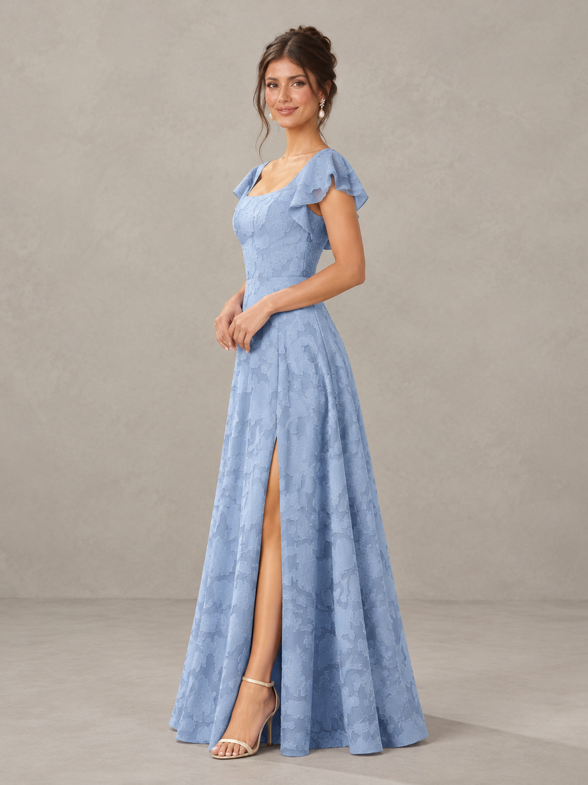 BOLODOO Dusty Blue Floral Flutter Sleeve Bridesmaid Dress with Slit 