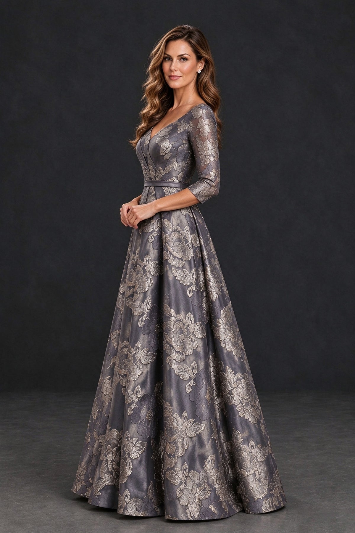 BOLODOO XX108 grey floral formal dress, side view showing defined waist and three-quarter sleeves