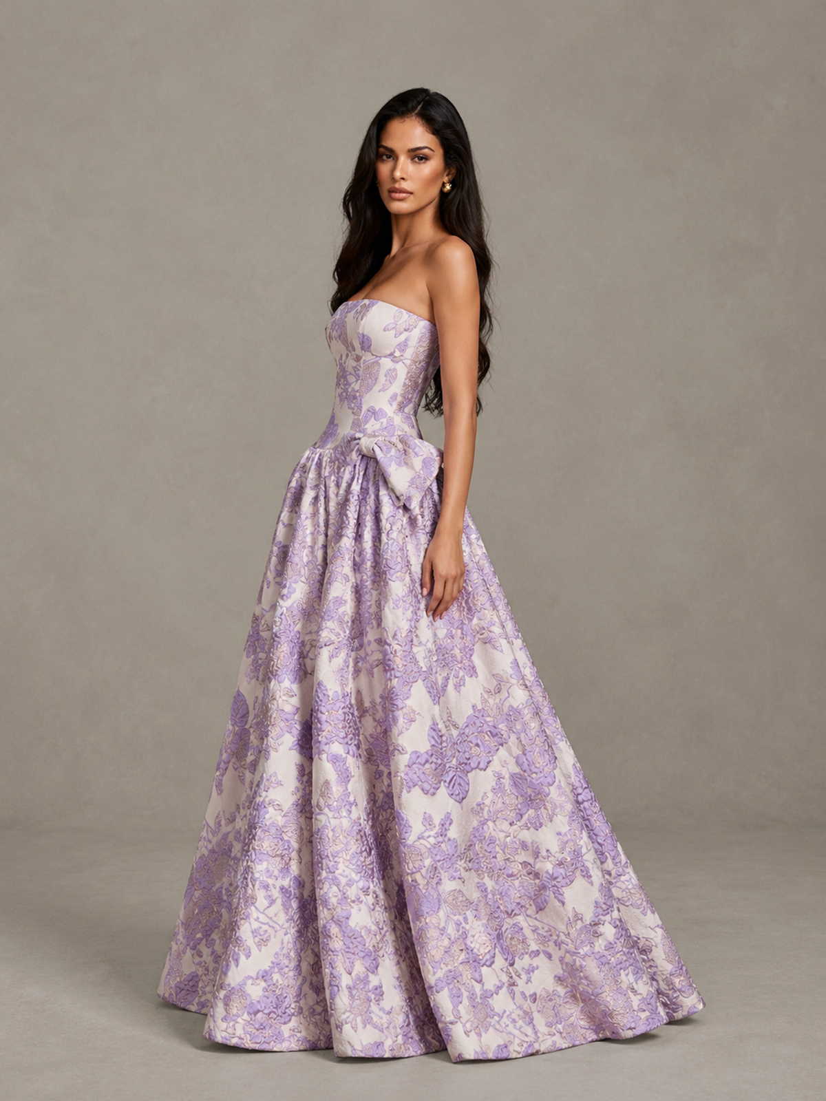 BOLODOO Lilac Floral Strapless Ball Gown Prom Dress with Bow 