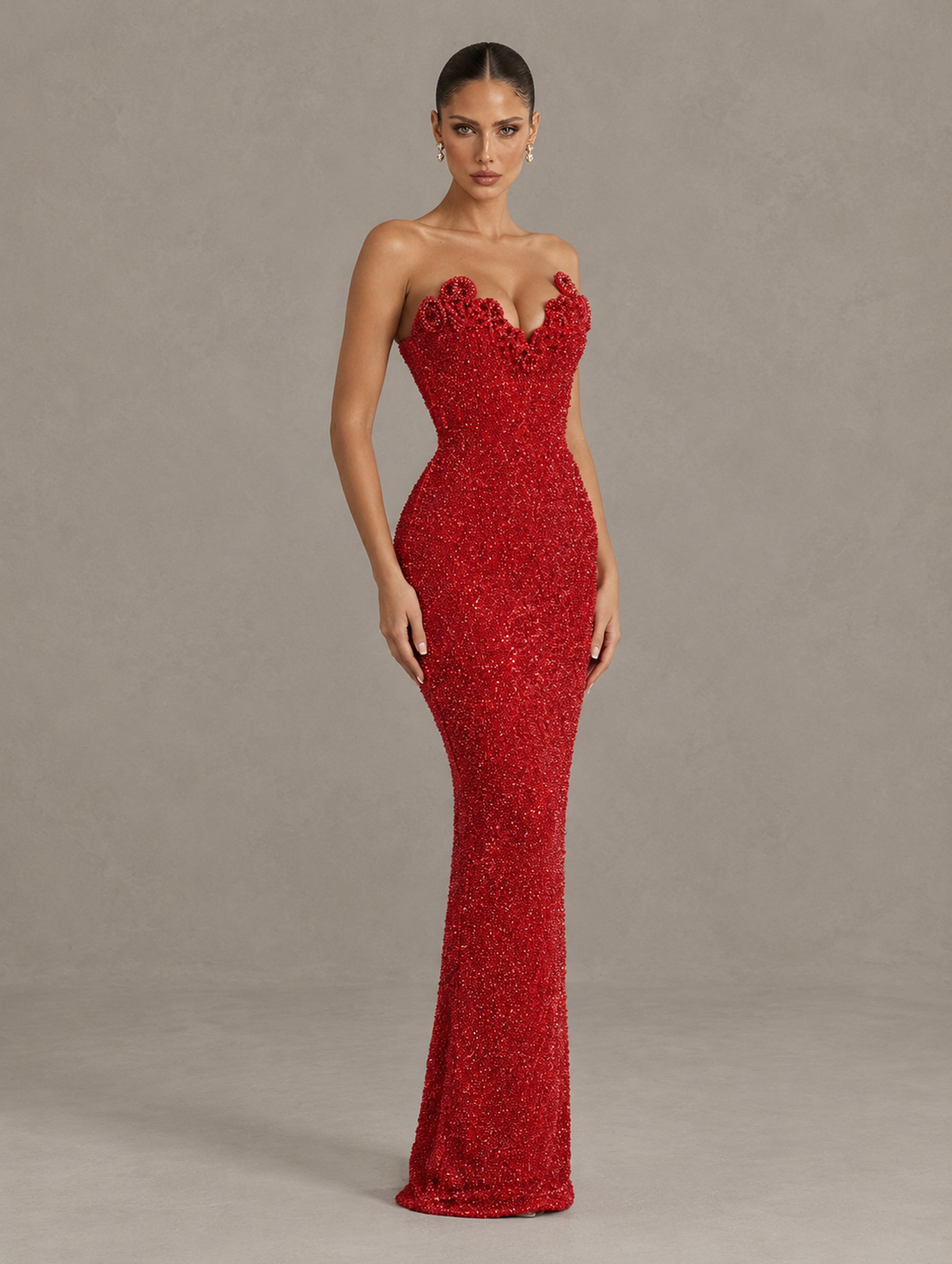 BOLODOO Red Strapless Sequin Evening Gown with Floral Neckline 