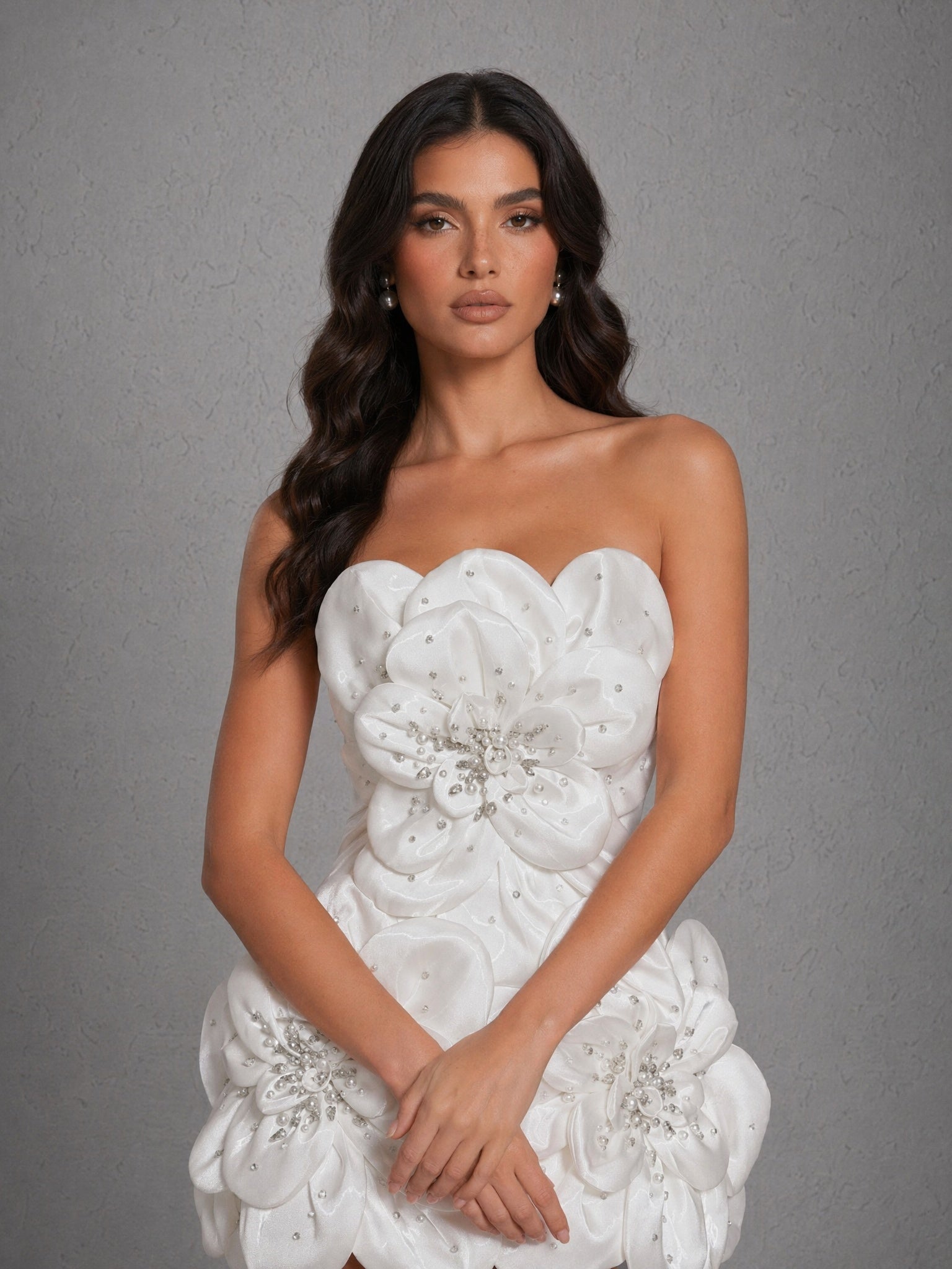 BOLODOO white 3D floral satin strapless mini wedding dress - walking pose full length