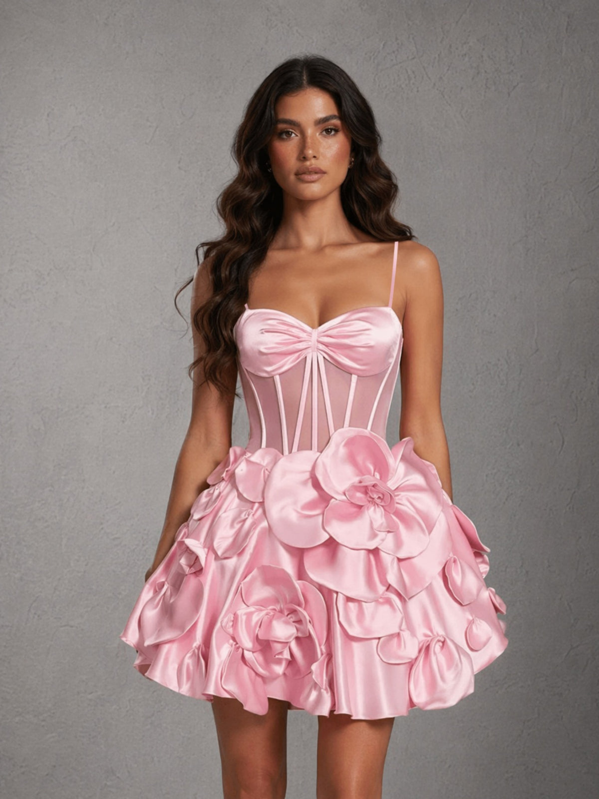 BOLODOO Pink Satin 3D Rose Flower Corset Mini Dress – Spaghetti Strap Sweetheart Open Back Ball Skirt Cocktail Dress