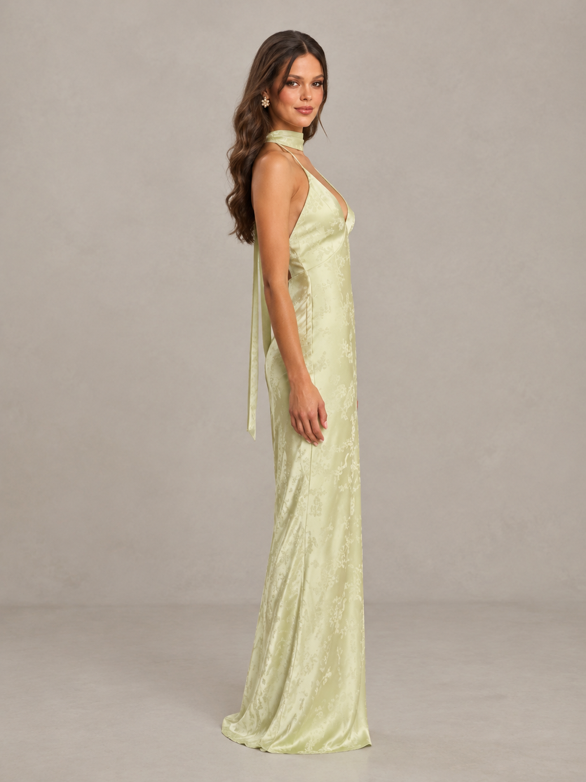 BOLODOO Sage Green Floral Satin Open-Back Bridesmaid Dress 