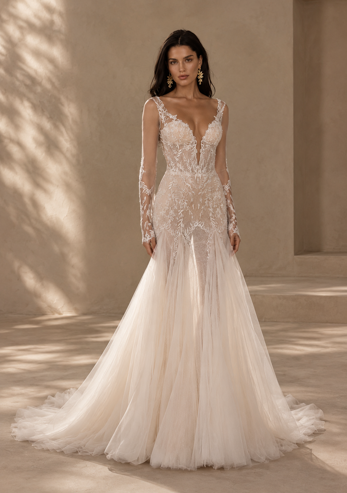 BOLODOO Ivory Lace Long Sleeve Wedding Dress with Open Back and Train 