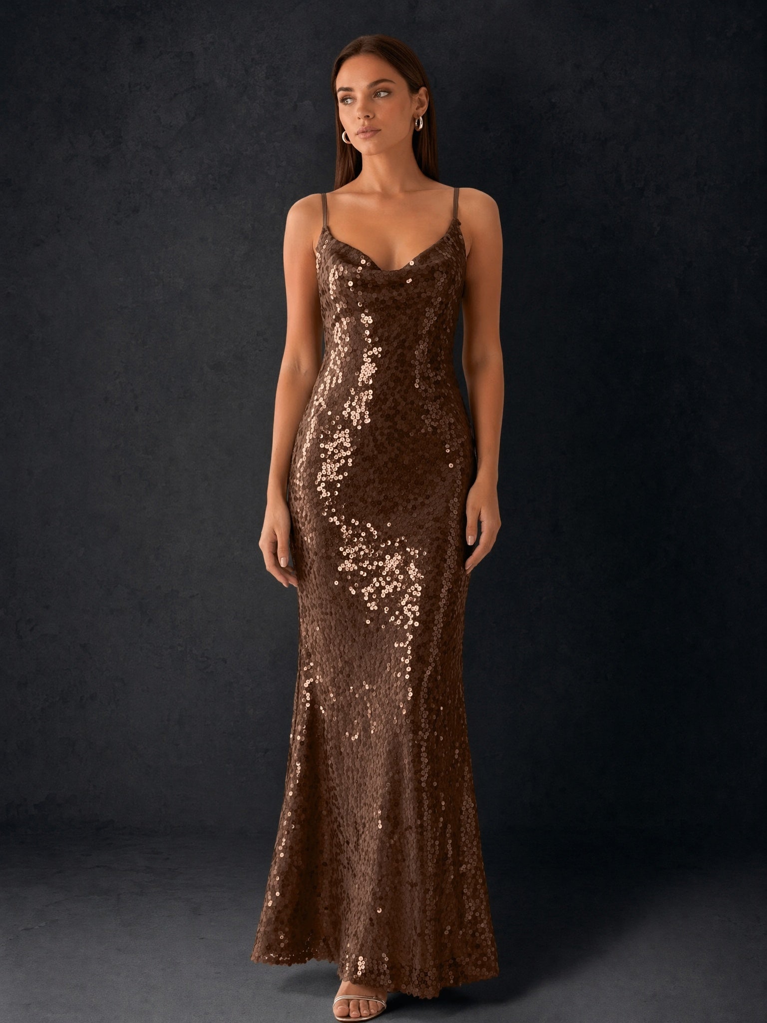 BOLODOO Bronze Sequin Cowl Neck Spaghetti Strap Mermaid Maxi Dress - Back View showing Open Criss-Cross Back and Mermaid Hem
