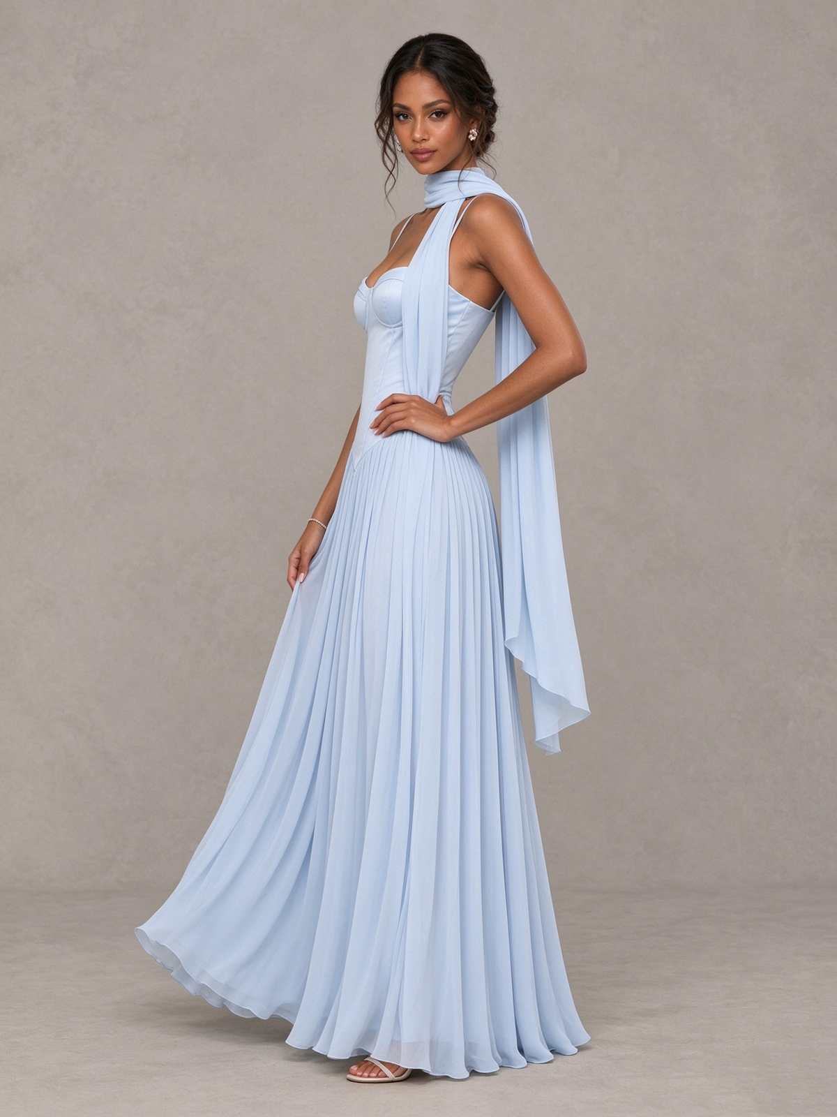 BOLODOO Light Blue Corset Bridesmaid Dress with Scarf 
