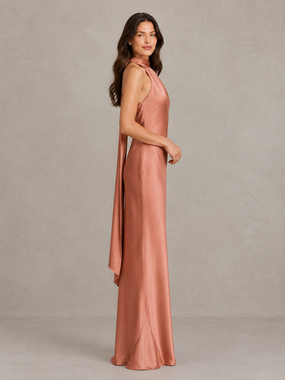 BOLODOO Dusty Rose Satin One-Shoulder Bridesmaid Dress with Open Back 