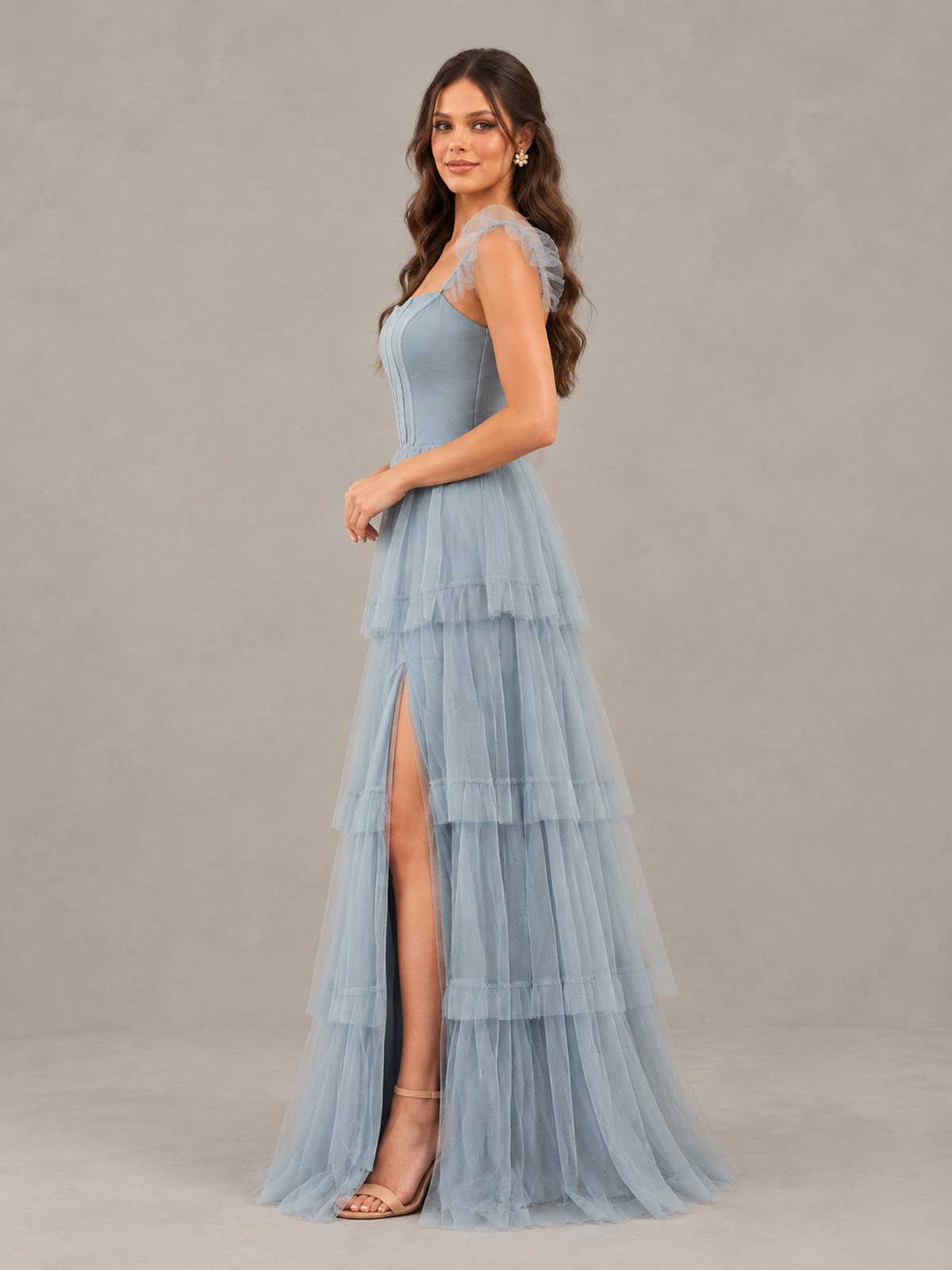 BOLODOO Dusty Blue Tiered Tulle Bridesmaid Dress with Slit 
