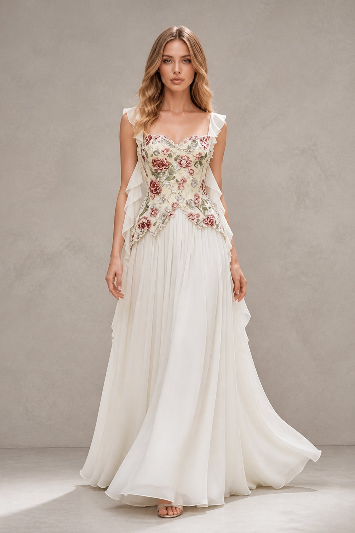 BOLODOO White Floral Embroidered Chiffon Gown - Full Length Front with Flowing Skirt