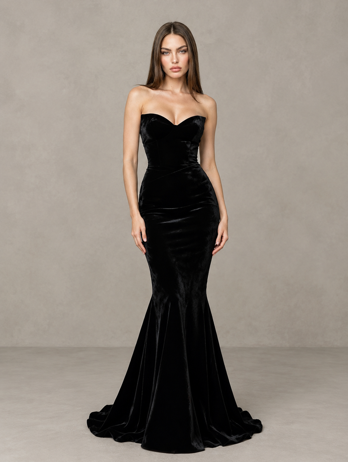 BOLODOO Black Strapless Sweetheart Velvet-Look Mermaid Evening Dress 