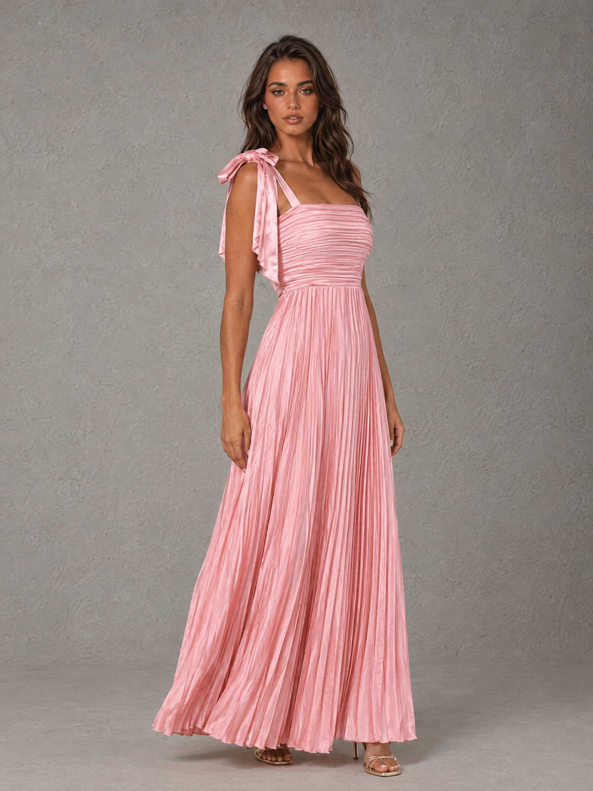 BOLODOO Pink Pleated Bow-Strap Bridesmaid Maxi Dress 