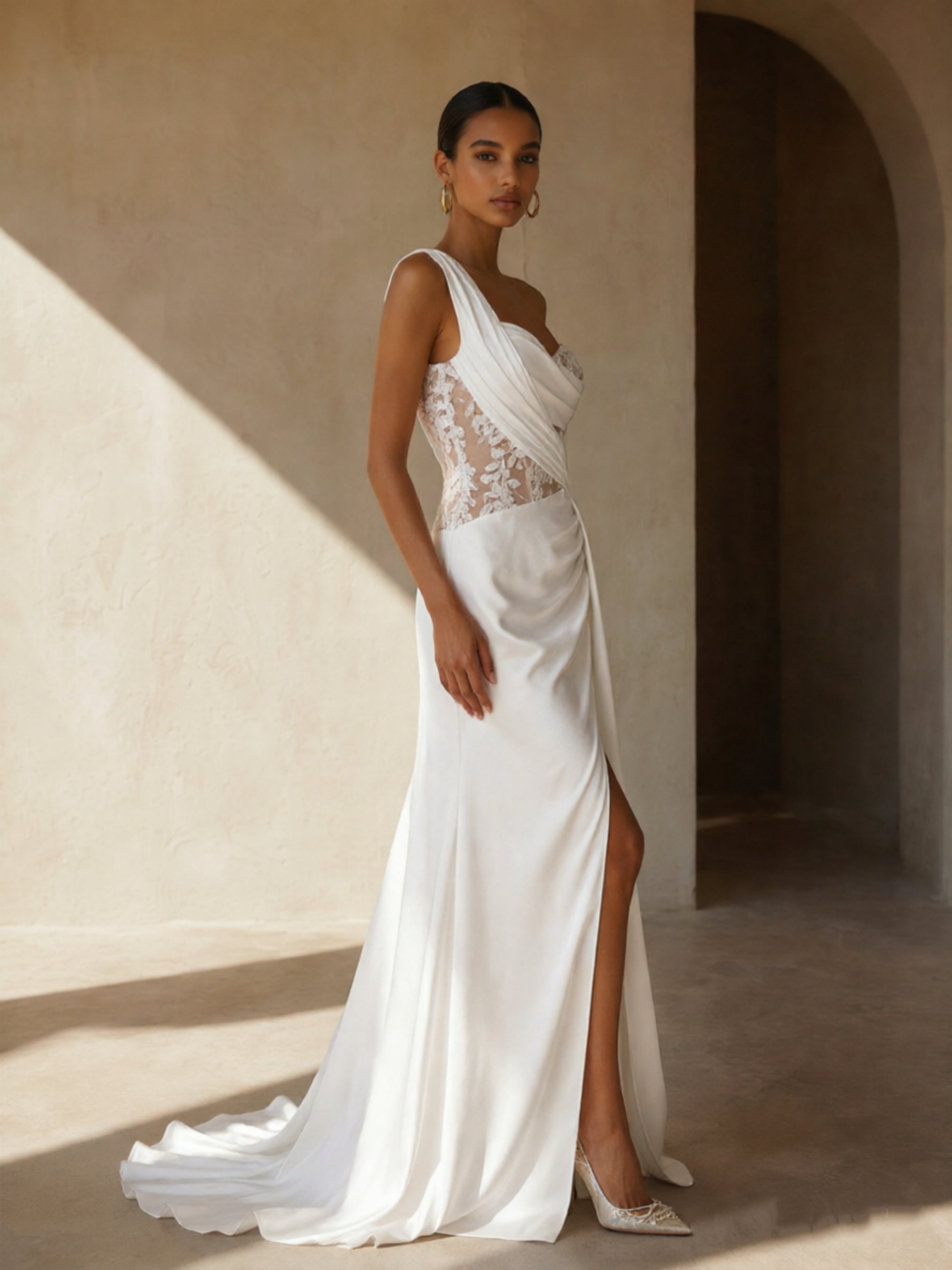 BOLODOO Ivory One-Shoulder Satin Sheer Lace Corset Waist Open Back High Slit Mermaid Wedding Dress - Side Full Length View Showing Silhouette and Slit